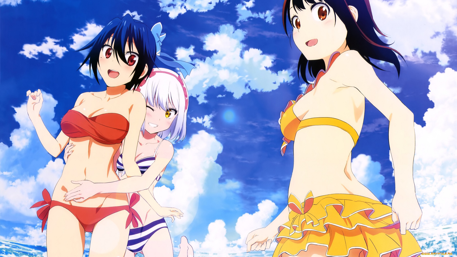 аниме, nisekoi, облака, небо, море, paula, mccoy, onodera, kosaki, девушки, лето, арт, kumatani, yuya, tsugumi, seishirou