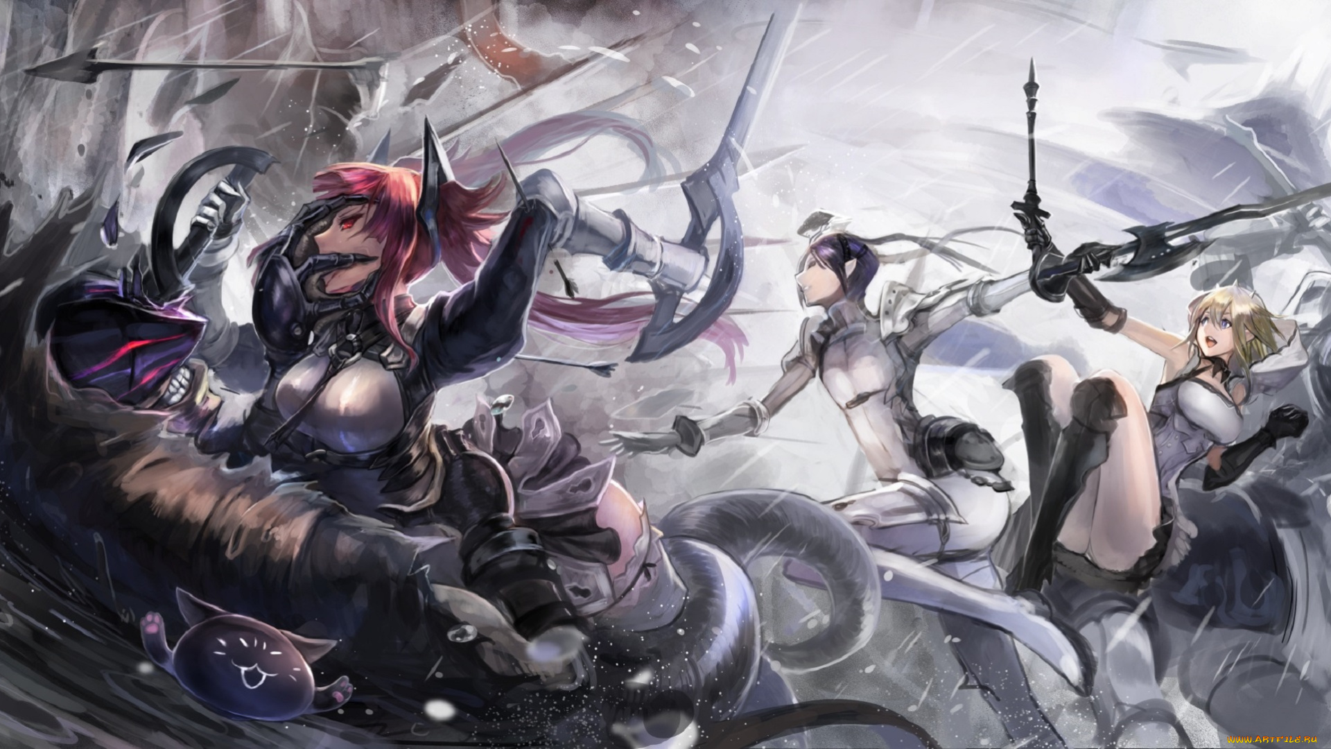 аниме, pixiv, fantasia, арт, девушки, монстр, оружие, битва