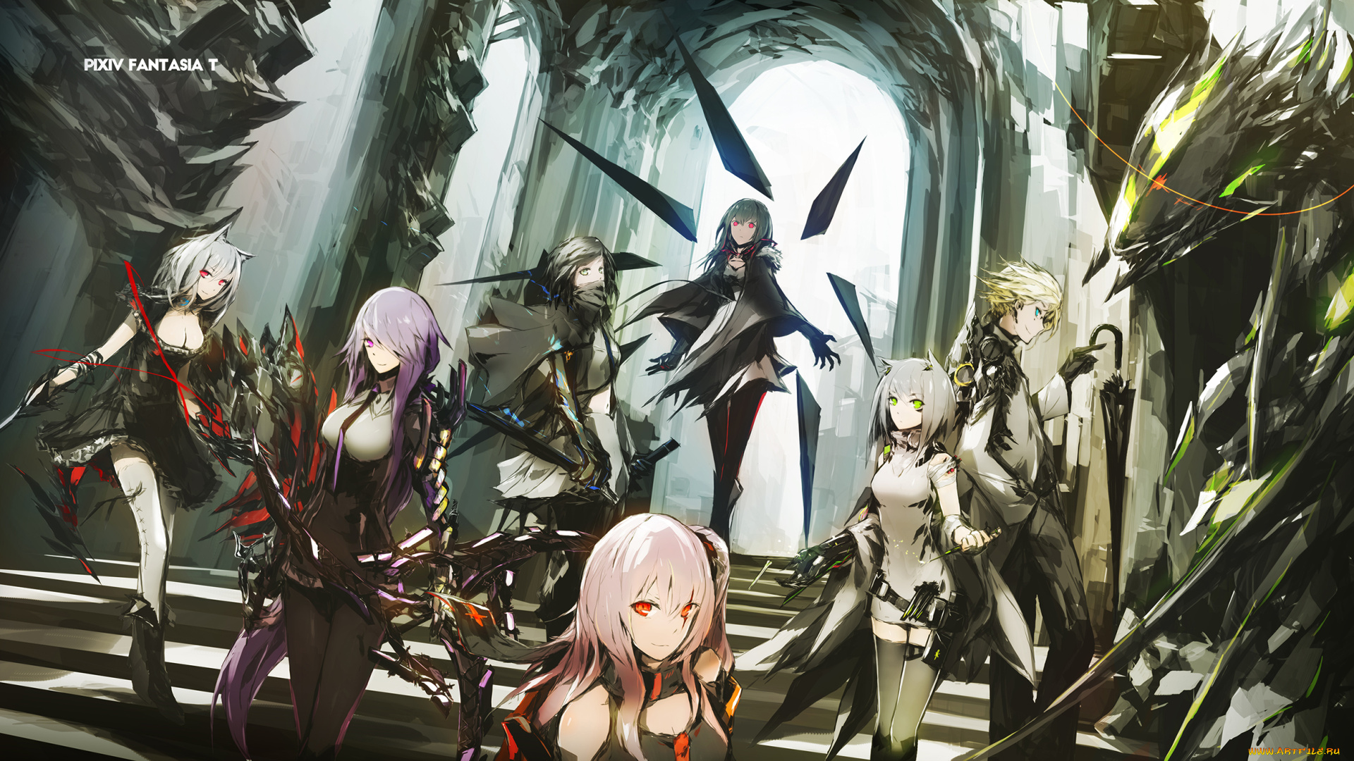 аниме, pixiv, fantasia, дракон, зонт, парень, арт, арка, девушки, lowlight, kirilenko