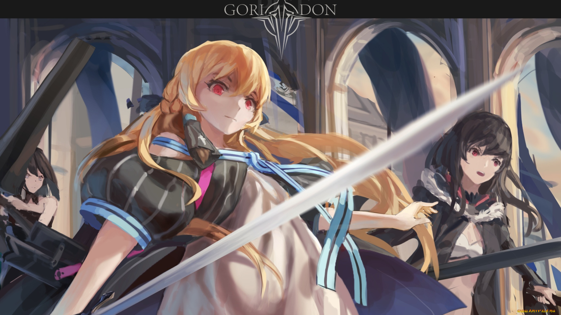 аниме, pixiv, fantasia, pixiv, fantasia, девушка, блондинка, арт, shuang, ye, оружие, брюнетка, взгляд