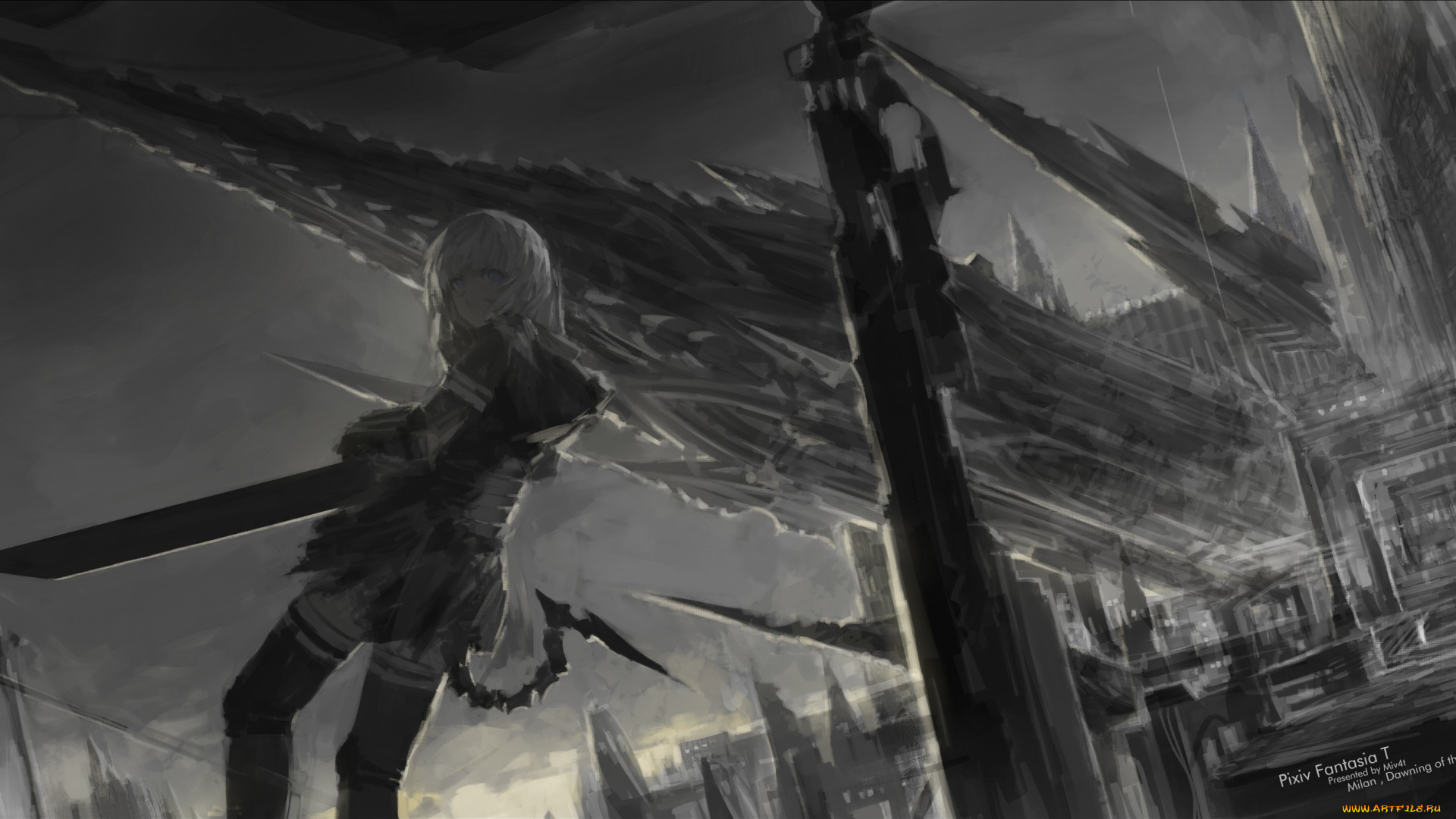 аниме, pixiv, fantasia, pixiv, fantasia, mivit, арт, девушка, руины, меч, серость