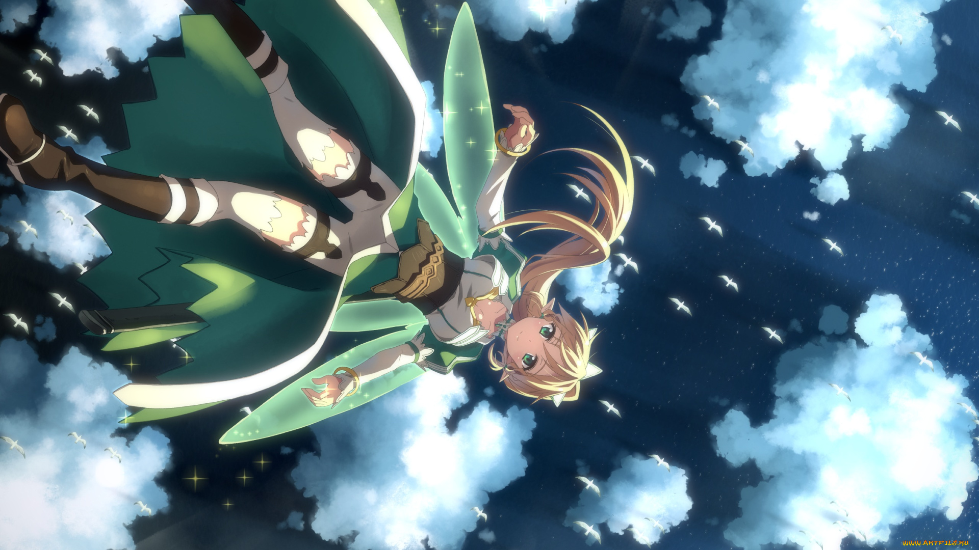 аниме, sword, art, online, облака, небо, эльф, девушка, yuuki, tatsuya, leafa, sword, art, online