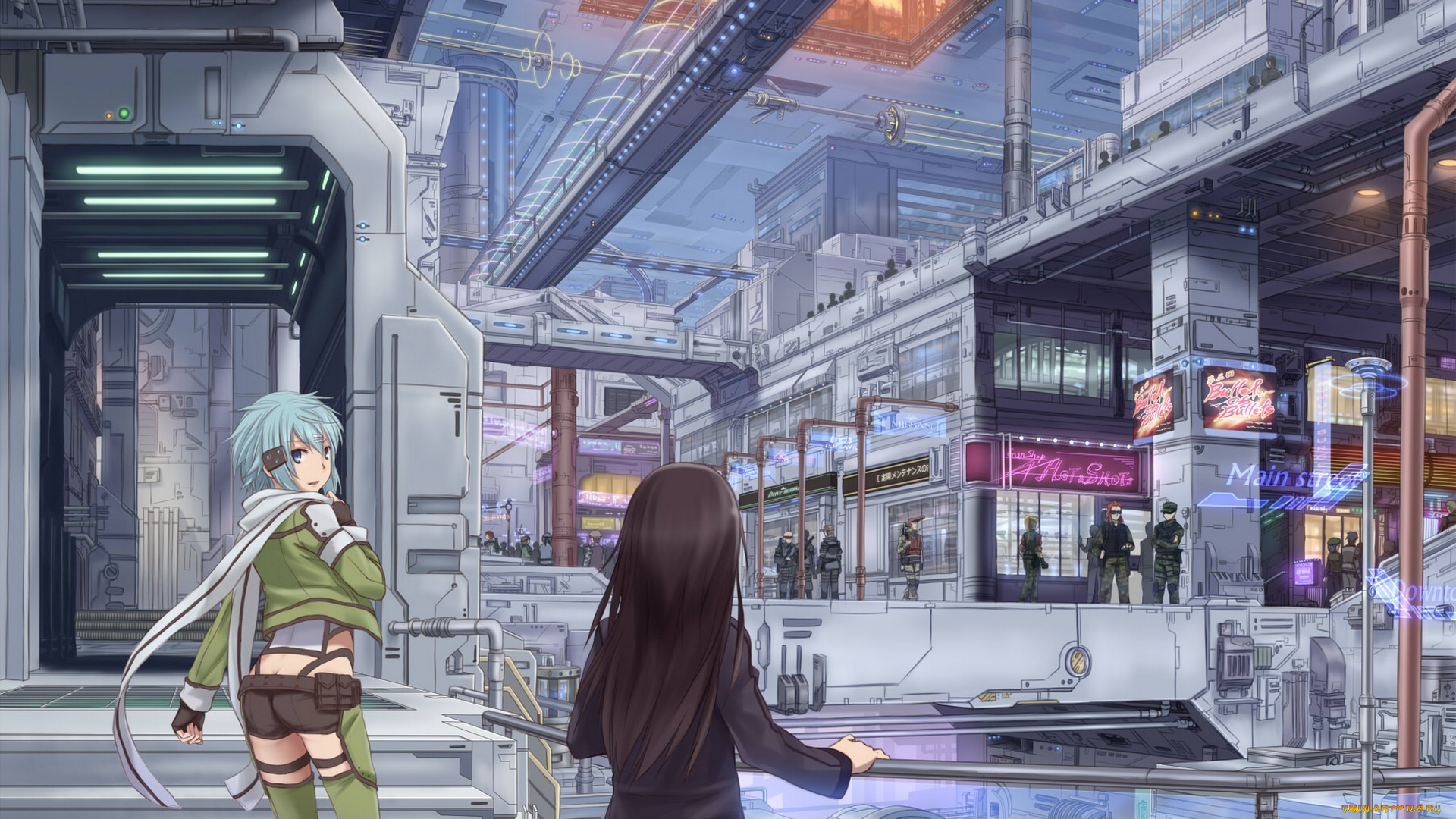 аниме, sword, art, online, sword, art, online, gun, gale, девушки, shinon, kirigaya, kazuto, арт, yuugure, вывески, город, люди