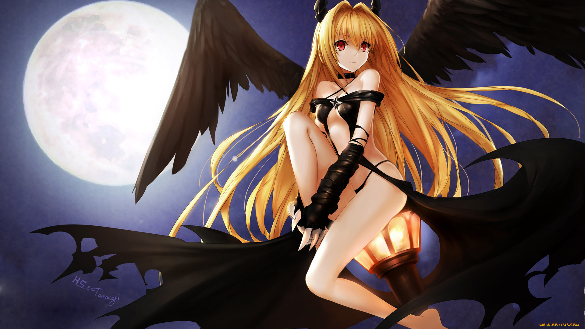 аниме, to-love-ru, девушка, hanshu, konjiki, no, yami, луна, полнолуние, фонарь, столб, ночь, рога, крылья, демон