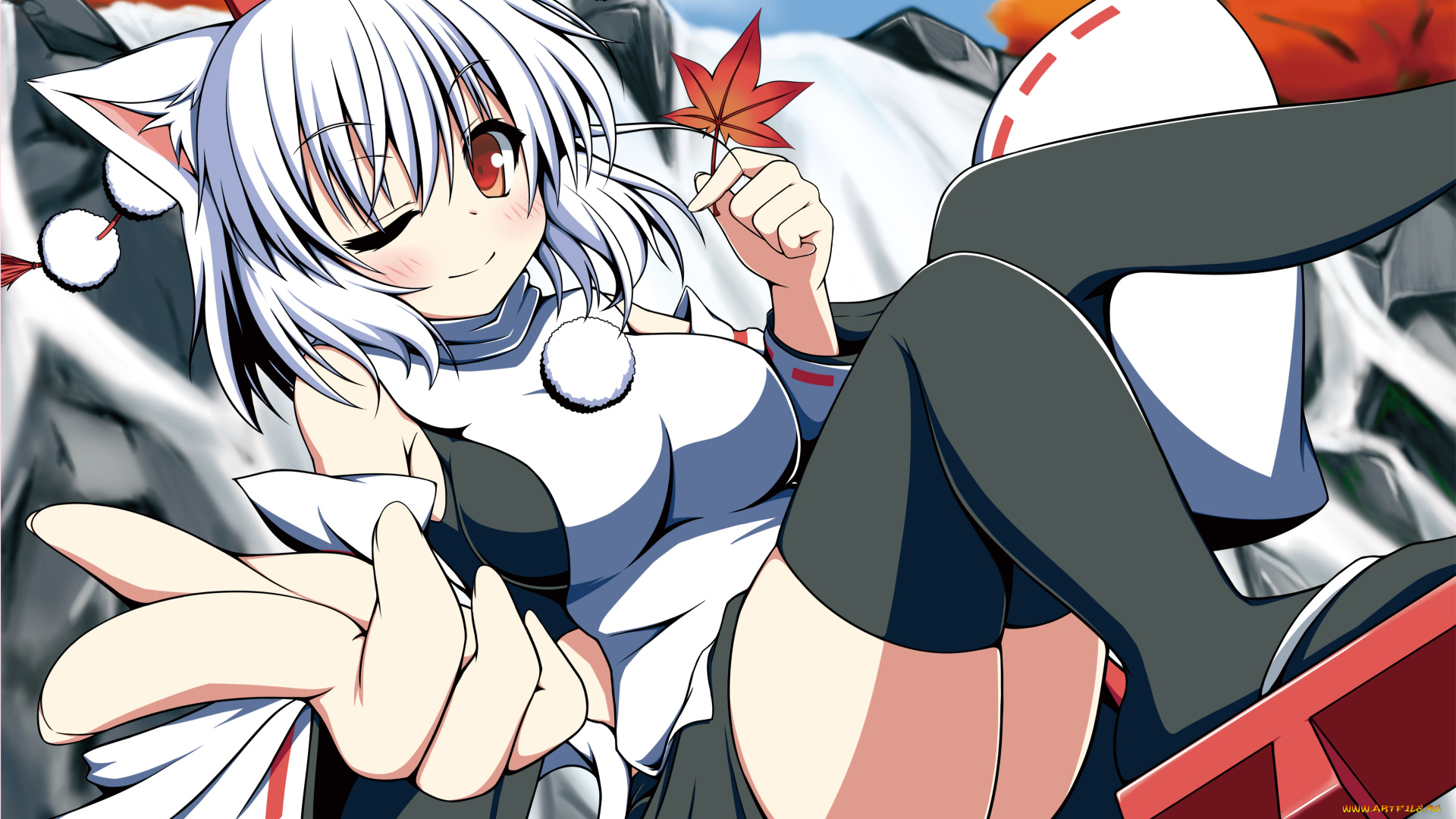 аниме, touhou, арт, inubashiri, momiji, осень, лист, девушка, жест