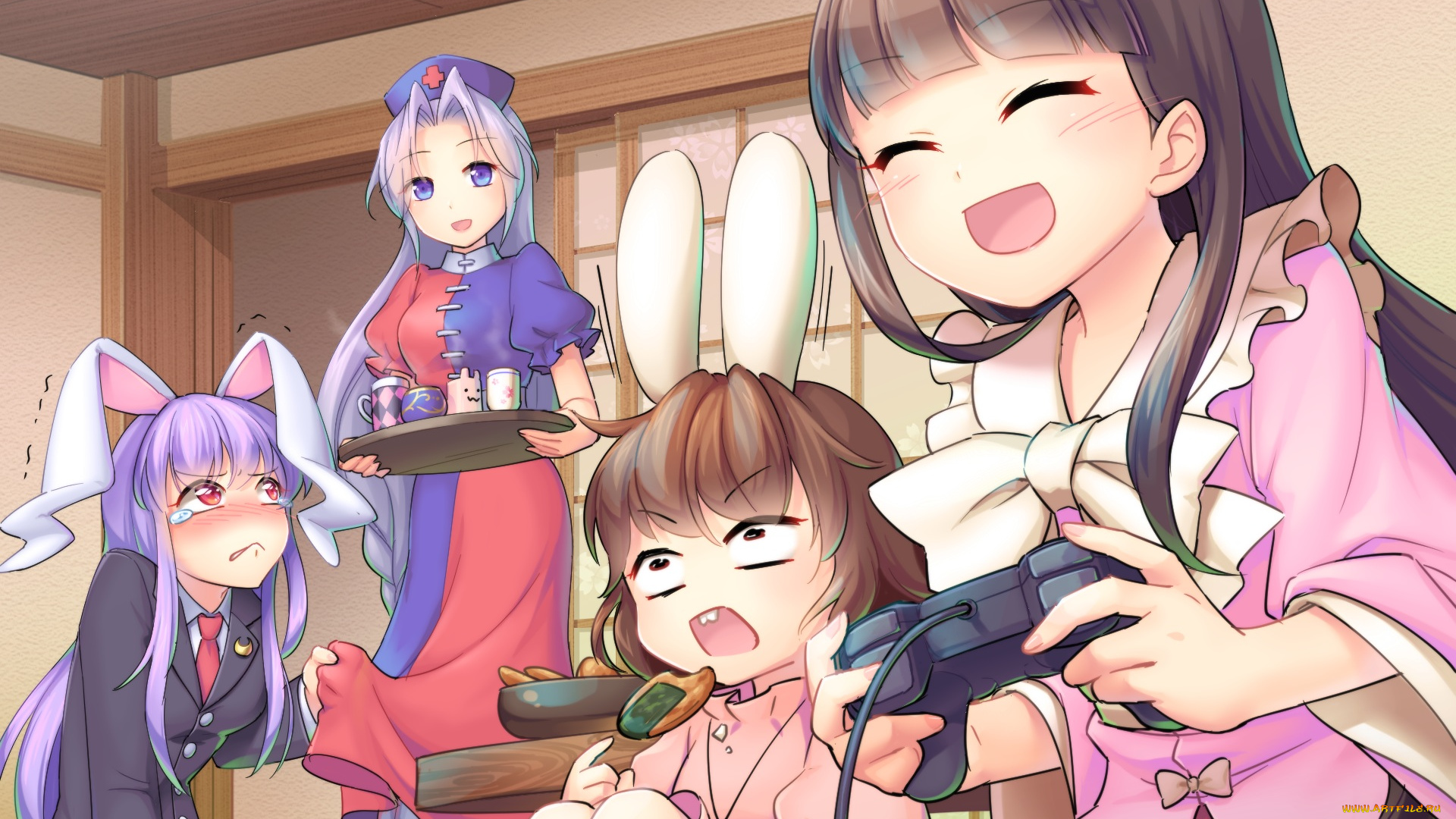 аниме, touhou, девушки, yagokoro, eirin, reisen, udongein, inaba, tewi, houraisan, kaguya