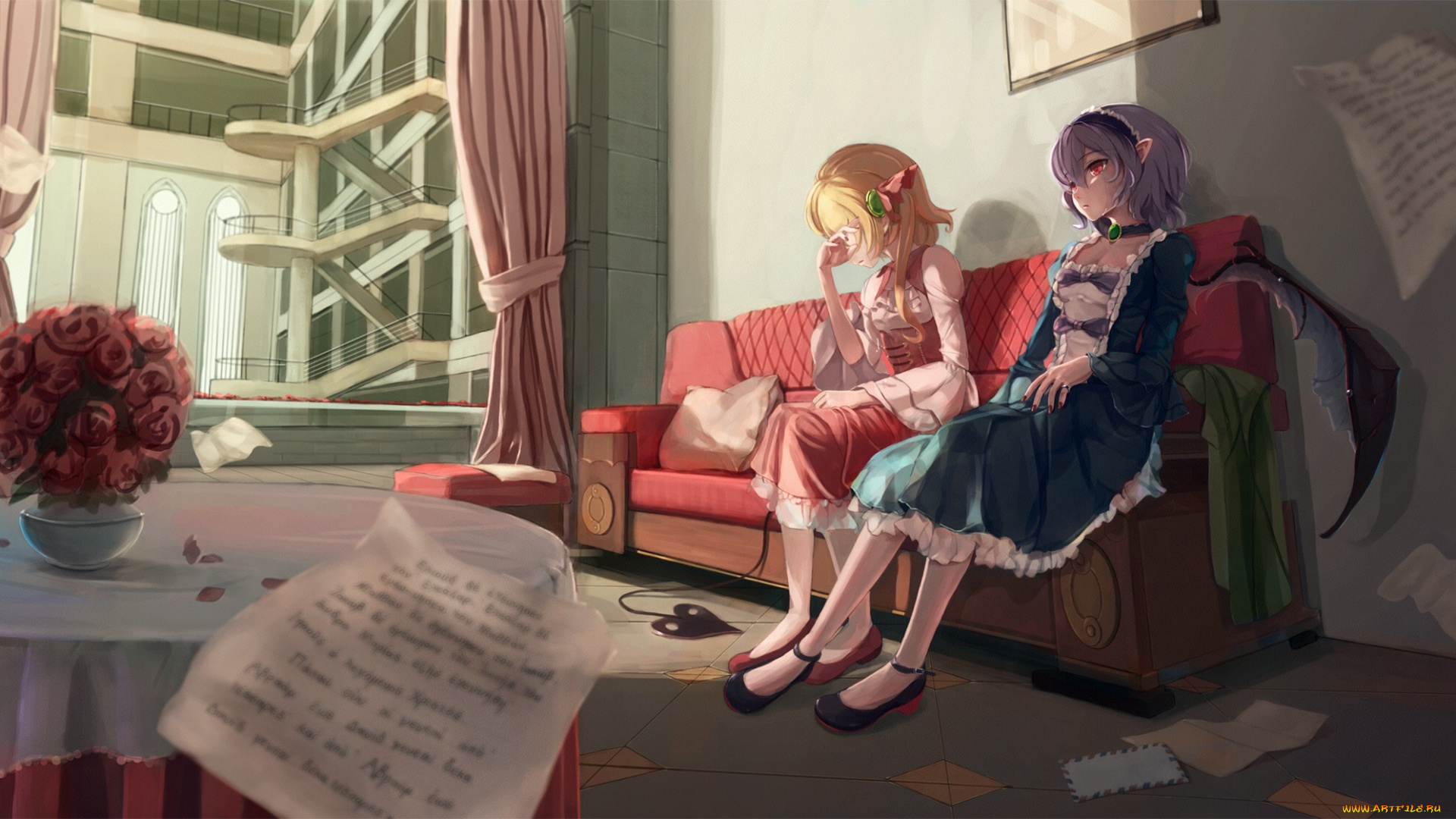 аниме, touhou, remilia, scarlet, flandre, pupil, g, цветы, диван, арт, комната, девушки, розы