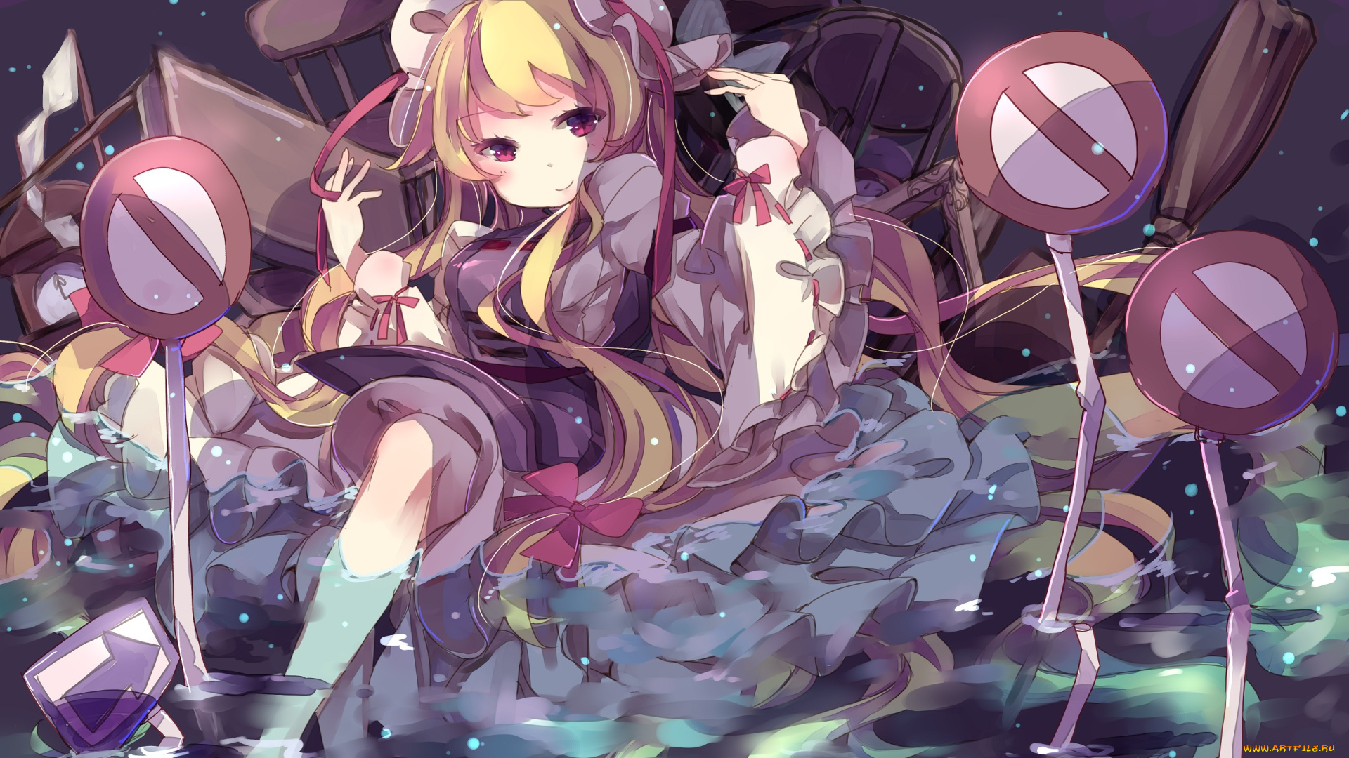 аниме, touhou, yakumo, yukari, дорожные, знаки, девушка, арт