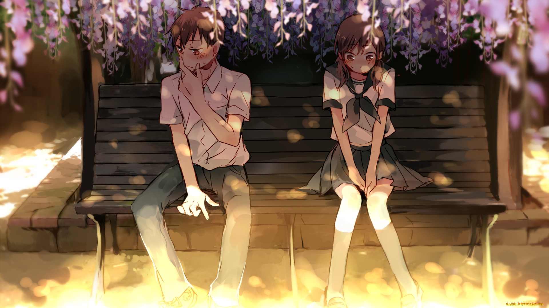 аниме, unknown, , другое, makoji, yomogi, арт, парочка, парень, девушка, скамья, цветы, глициния