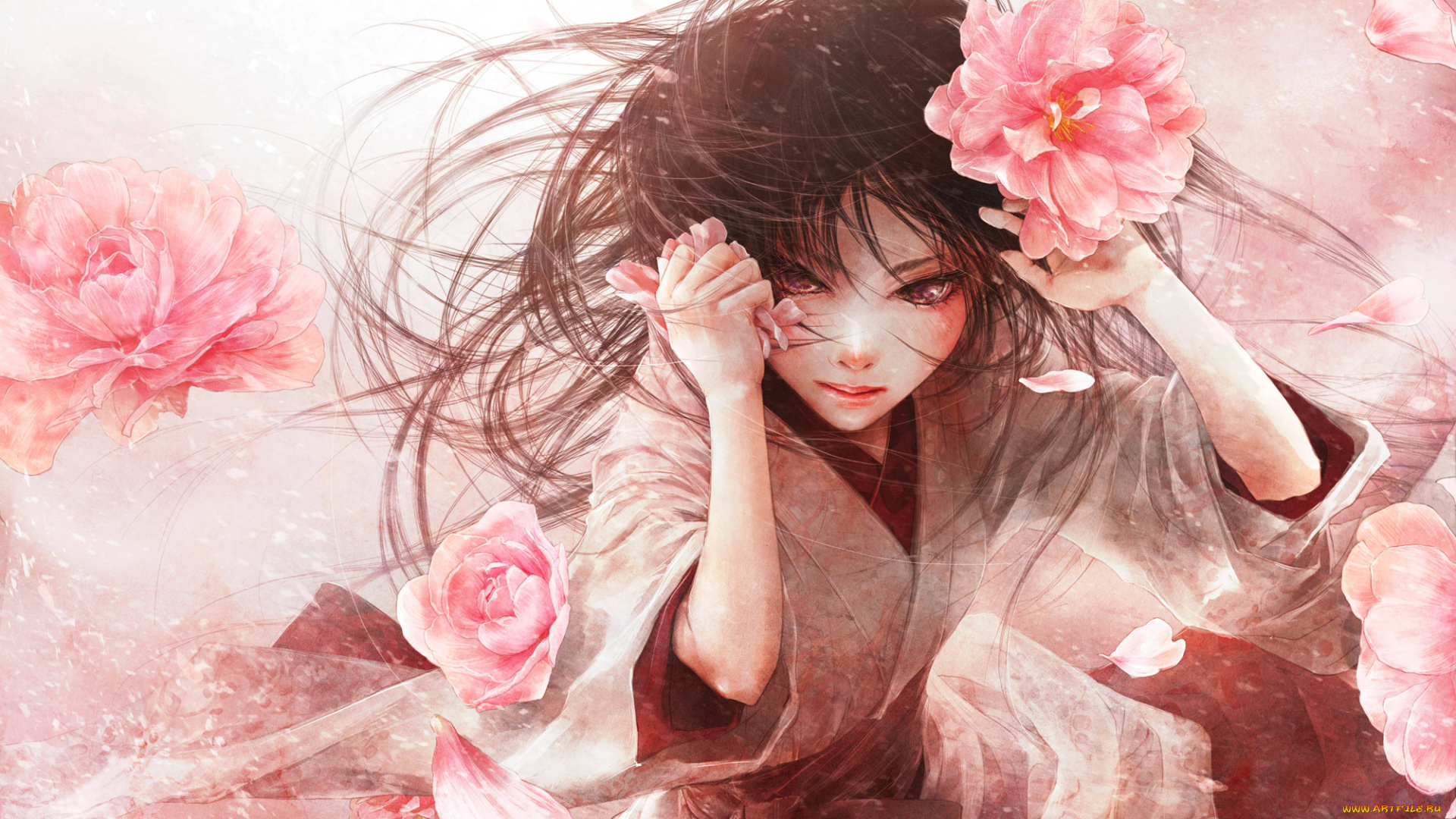 аниме, unknown, , другое, юката, цветы, enta, shiho, арт, девушка