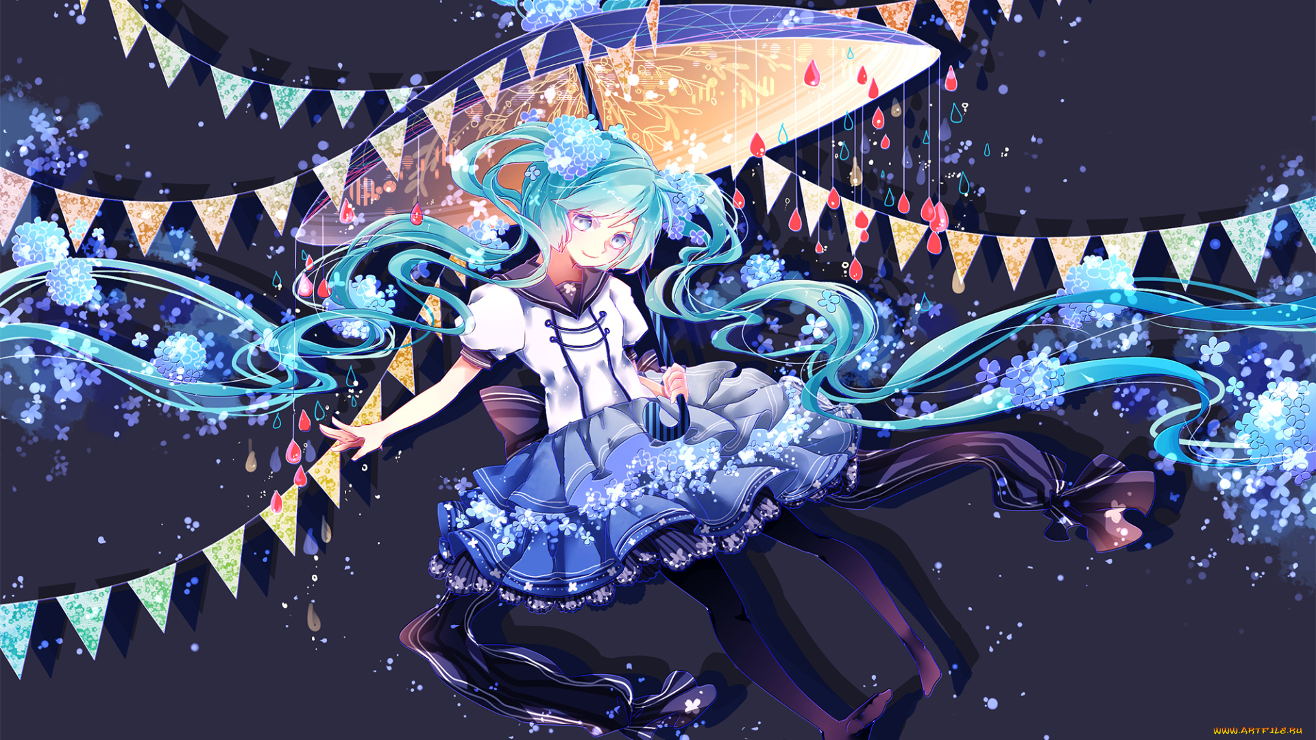 аниме, vocaloid, hatsune, miku, флажки, девушка, арт, зонт, цветы, капли, украшения, shuuumatsu