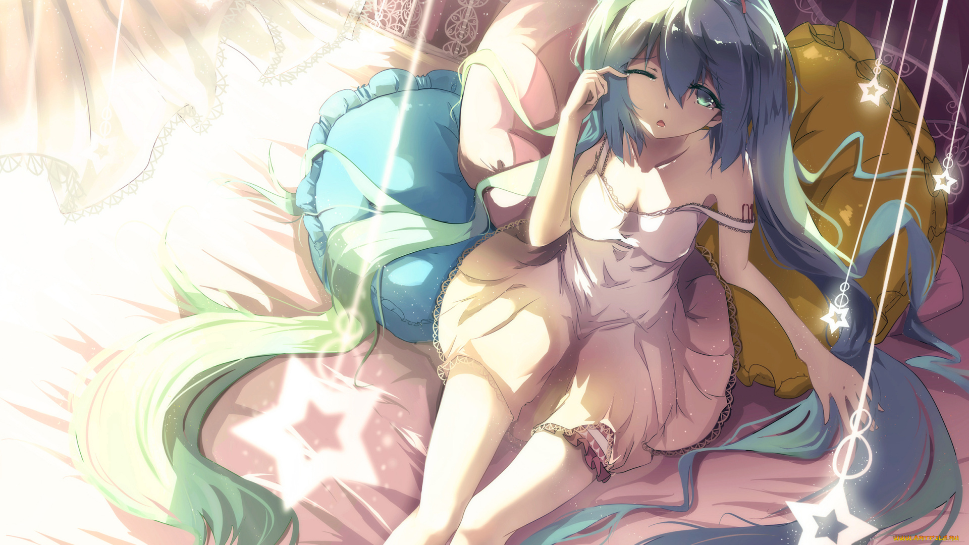 аниме, vocaloid, hatsune, miku, kuroi, asahi, арт, девушка, кровать, подушки