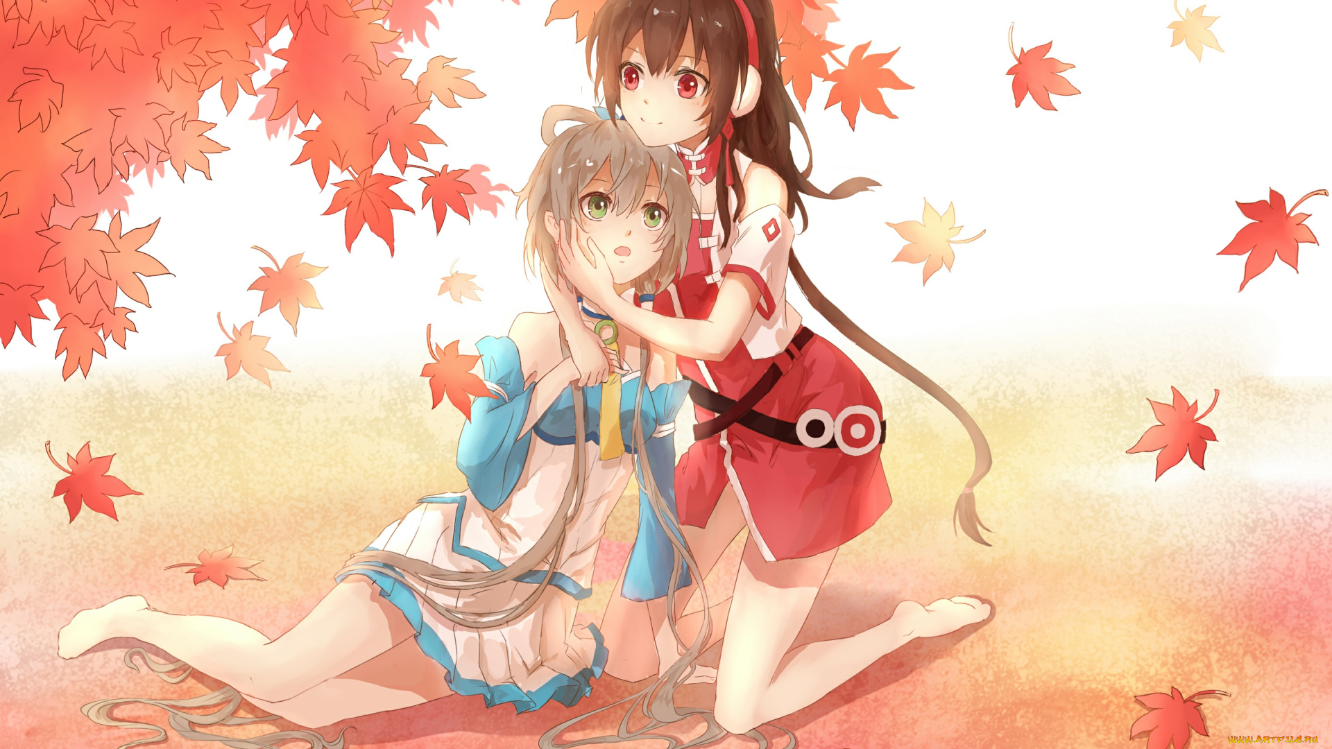 аниме, vocaloid, листья, объятия, осень, девочки, lan, jue, арт, yuezheng, ling, luo, tianyi, china
