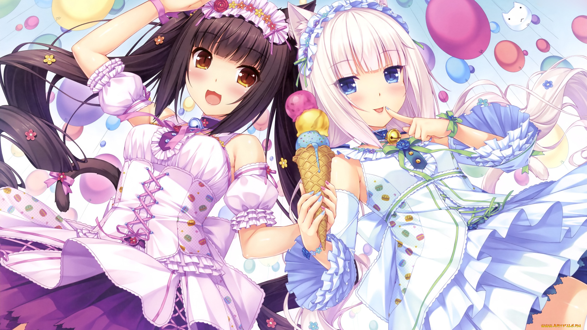 аниме, животные, , существа, ушки, девушки, мороженое, sayori, vanilla, chocola, nekopara, шарики, арт