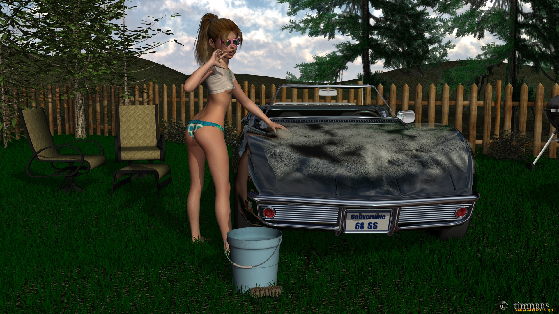 автомобили, 3d, car&girl, автомобиль, взгляд, фон, девушка