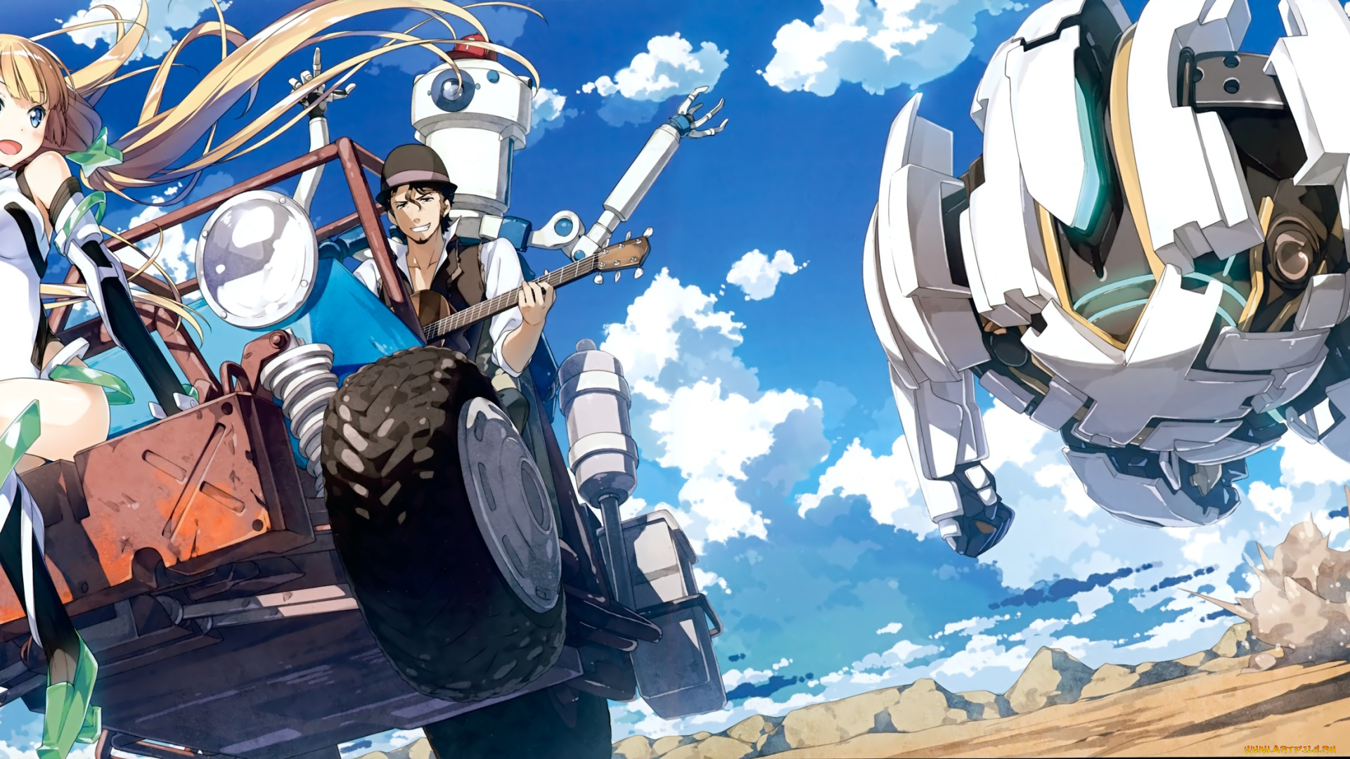 expelled, from, paradise, аниме, оружие, , техника, , технологии, angela, balzac, робот, машина, expelled, from, paradise, гитара, парень, арт, kantoku, облака, небо, девушка