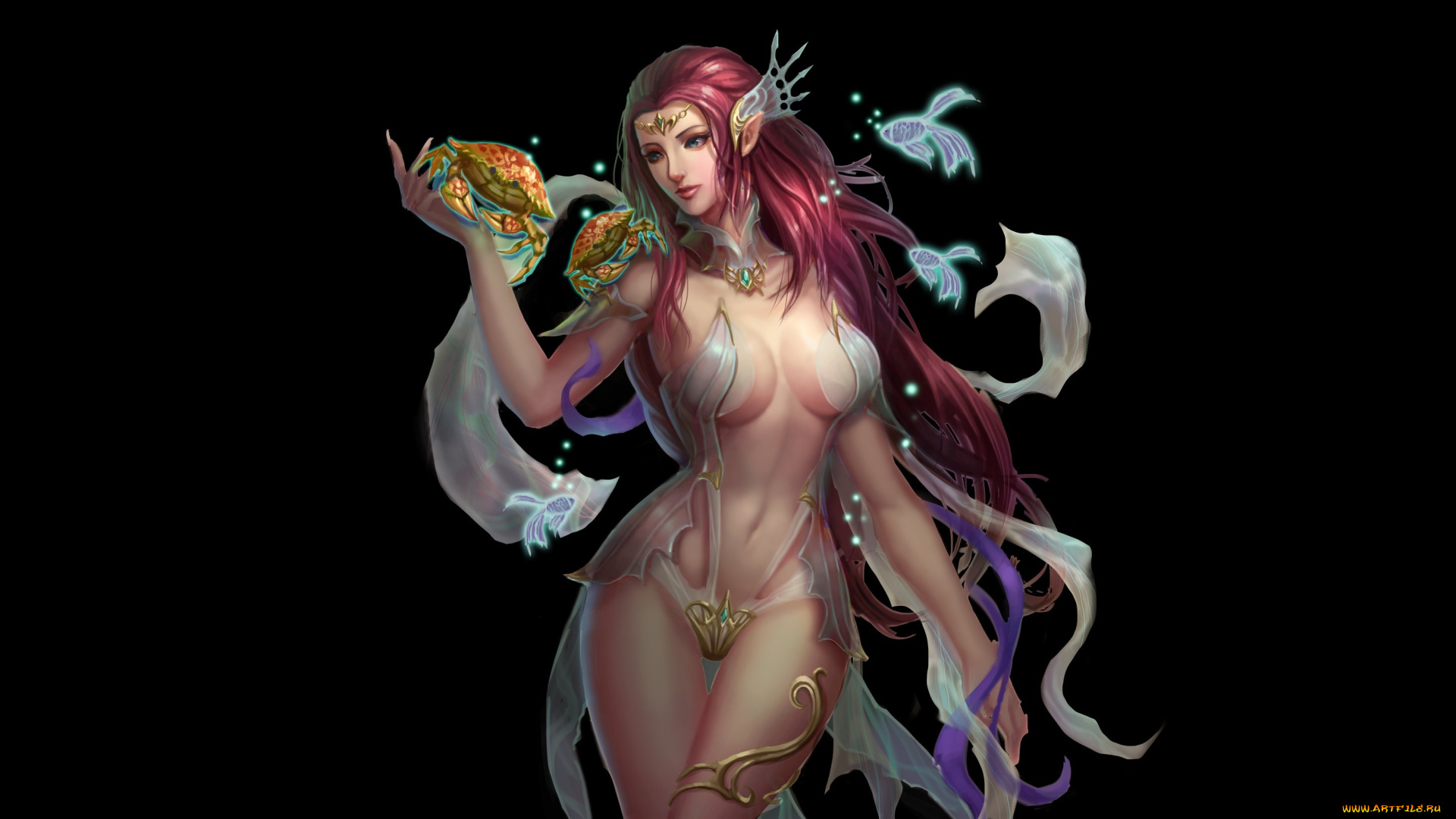 фэнтези, эльфы, эротика, арт, русалка, девушка, рыбки, краб, черный, фон