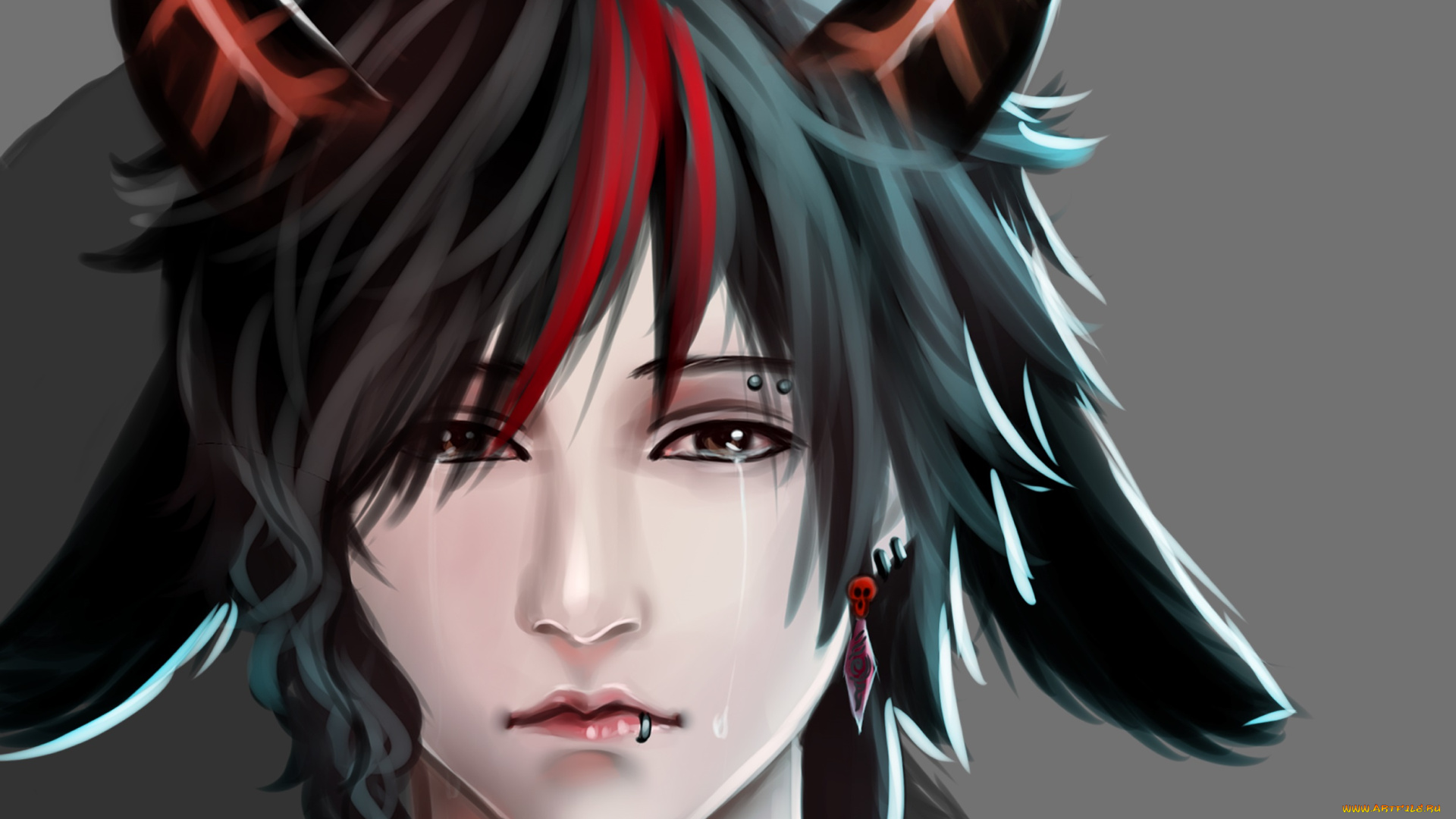 фэнтези, существа, демон, парень, фон, портрет, рога, арт