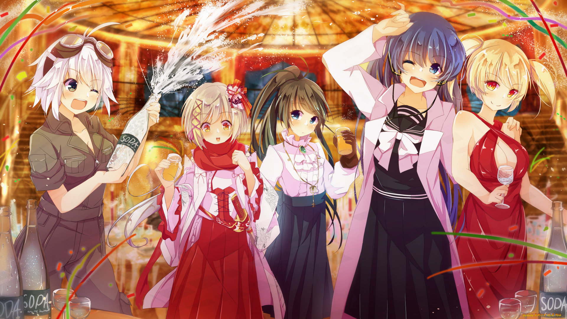 psychic, hearts, аниме, unknown, , другое, бутылка, праздник, девушки, арт, dennryuurai, psychic, hearts