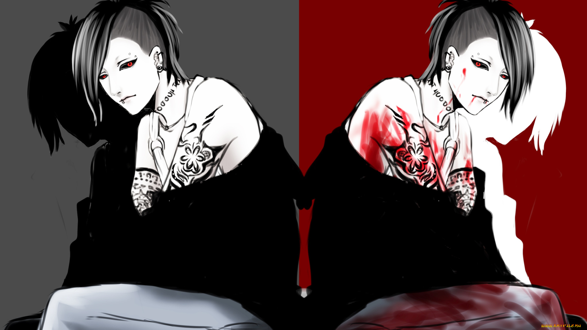 разное, арты, парень, кровь, ута, арт, токийский, гуль, тату