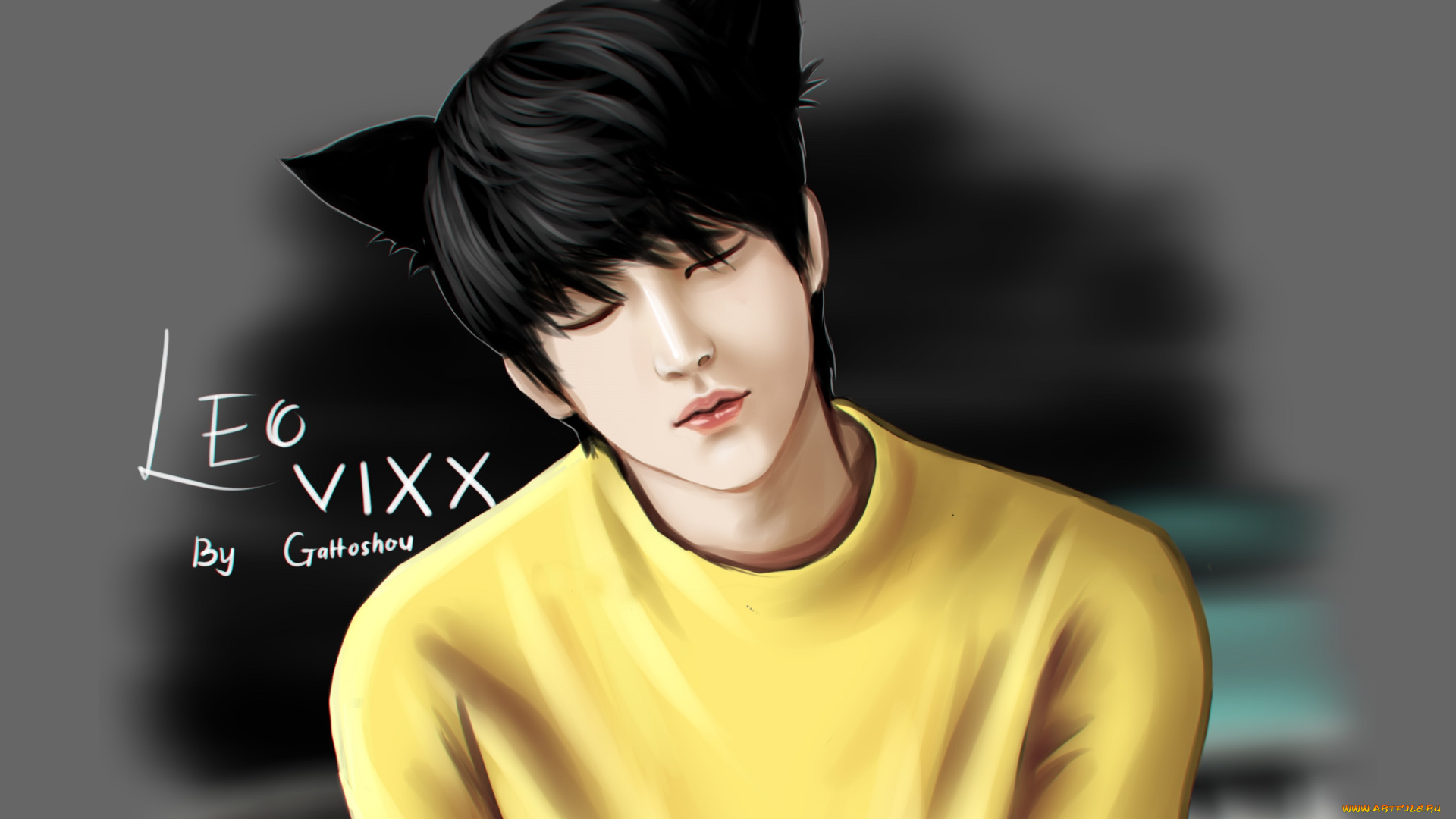 рисованное, люди, взгляд, азиат, парень, брюнет, ушки