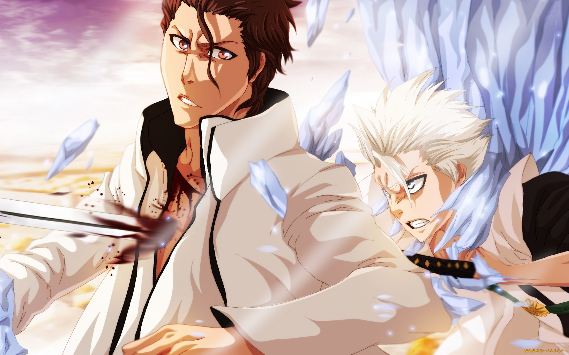 аниме, bleach, кровь, мужчина, art, toshiro, hitsugaya, aizen, sousuke