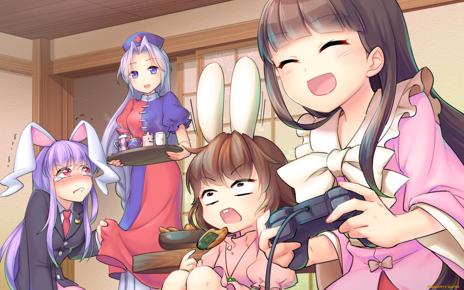 аниме, touhou, девушки, yagokoro, eirin, reisen, udongein, inaba, tewi, houraisan, kaguya