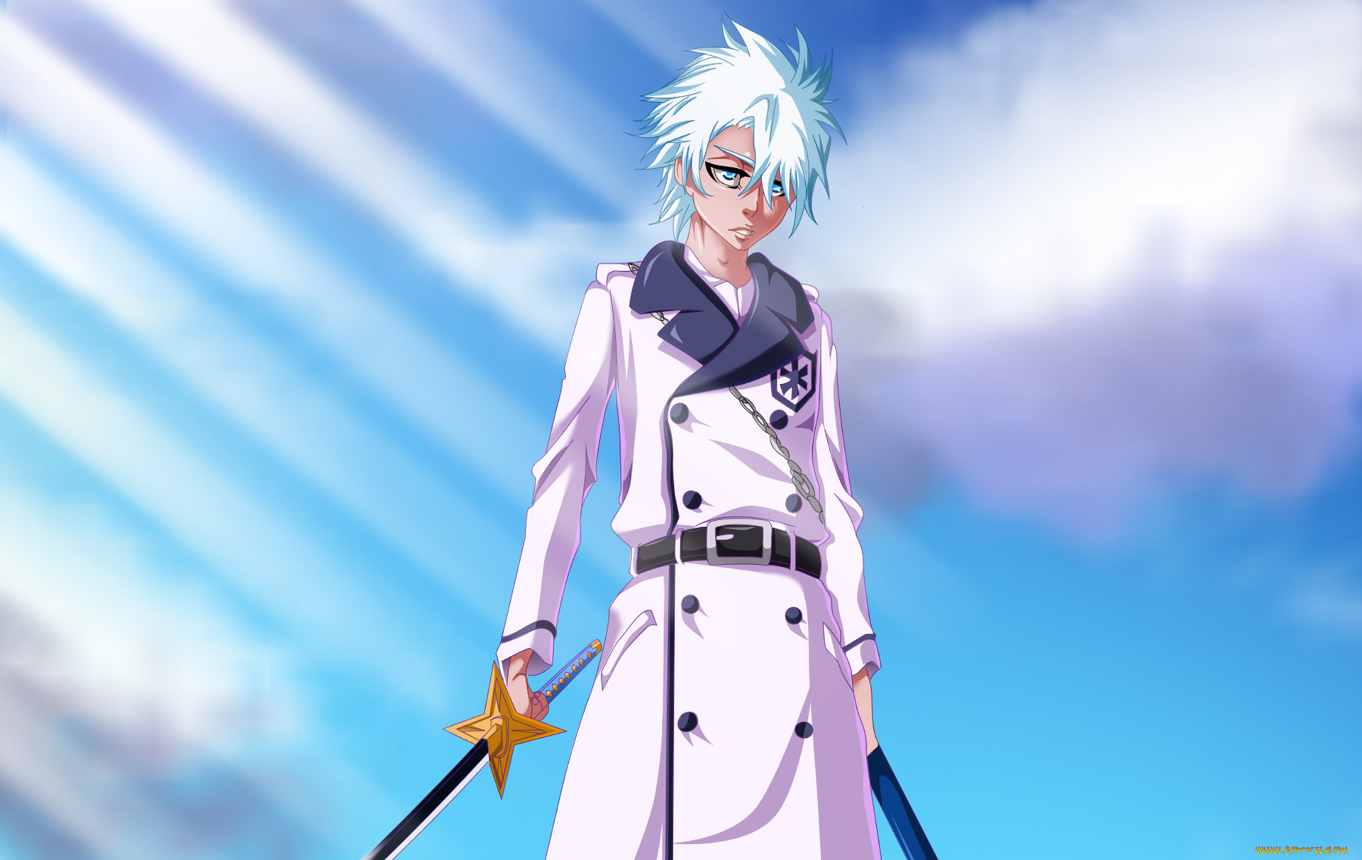 аниме, bleach, небо, взгляд, парень, shinigami, меч, hitsugaya, toshiro, облака