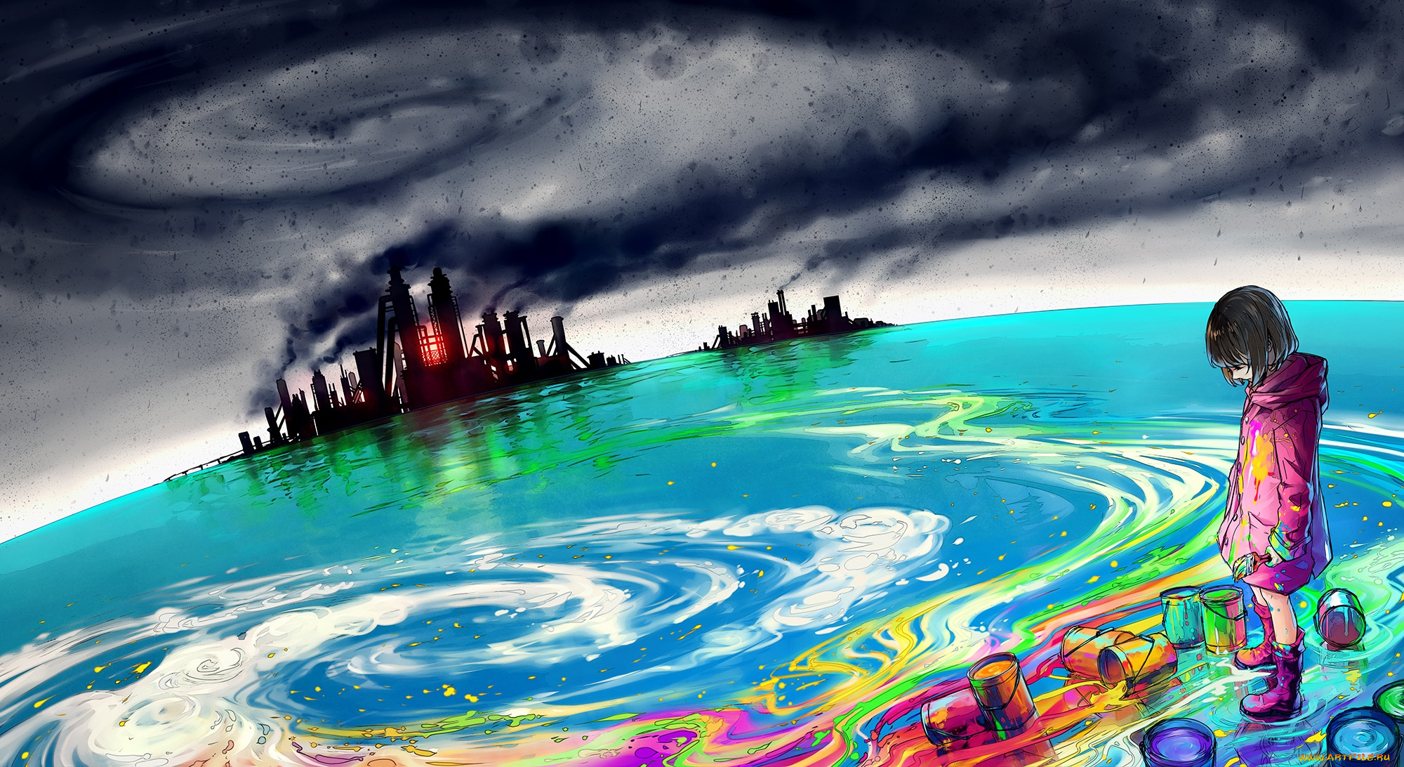 аниме, город, , улицы, , здания, wenqing, yan, арт, девочка, краски, загрязнение