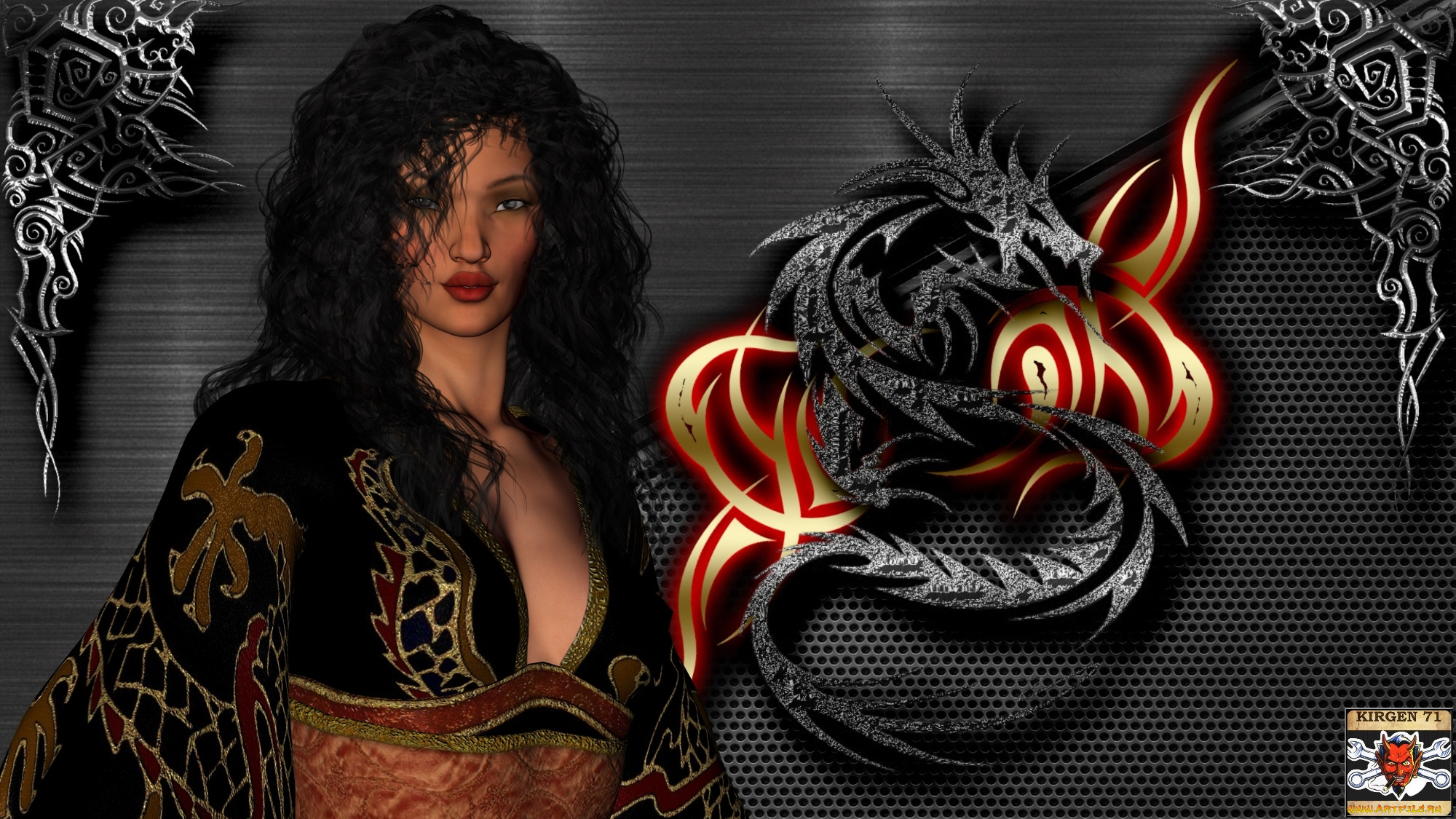 3д, графика, люди, , people, дракон, фон, взгляд, девушка