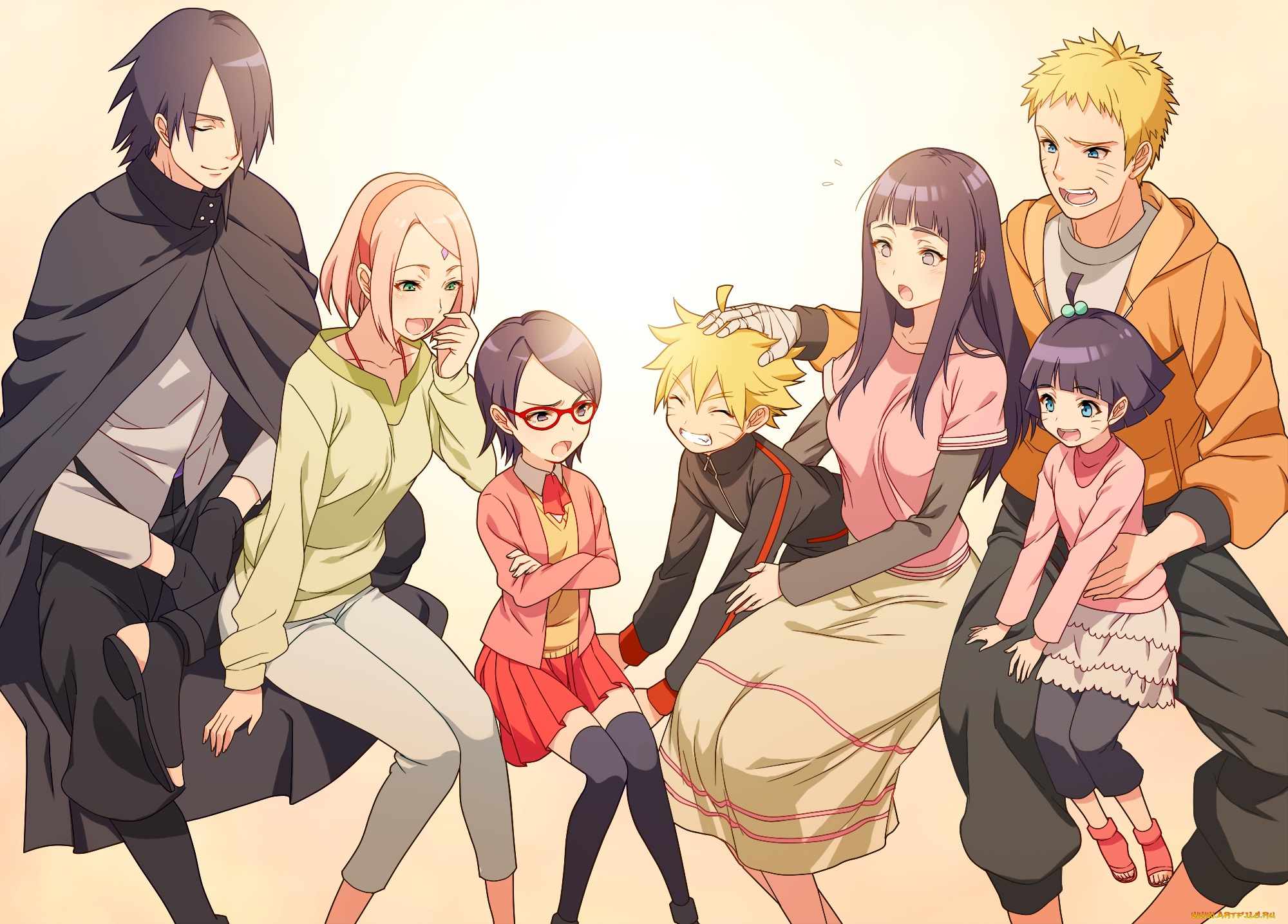 аниме, naruto, uchiha, sasuke, очки, радость, дети, haruno, sakura, семьи, uzumaki, morittokoke, пары, девушки, himawari, арт, парни, boruto, sarada, hyuuga, hinata