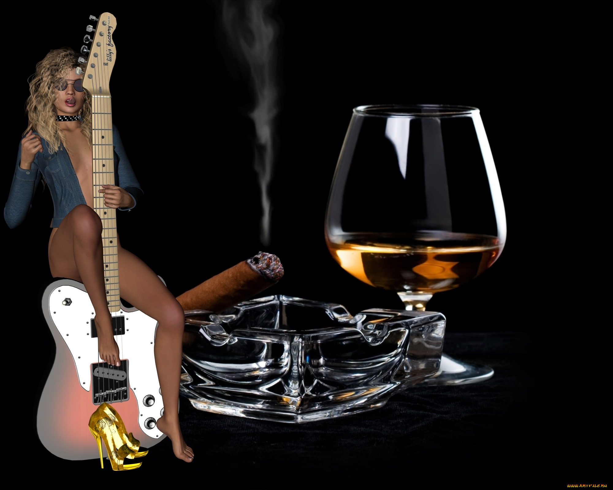 3д, графика, люди, , people, бокал, гитара, фон, взгляд, девушка