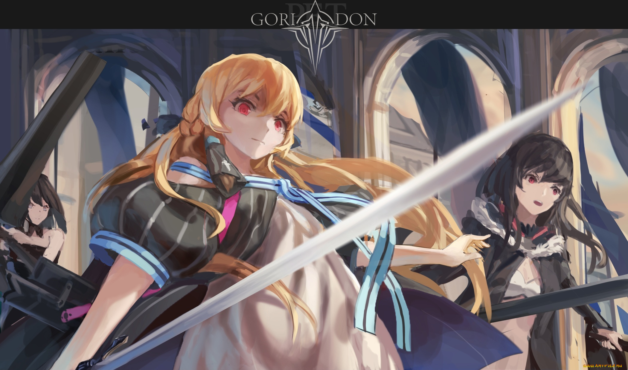 аниме, pixiv, fantasia, pixiv, fantasia, девушка, блондинка, арт, shuang, ye, оружие, брюнетка, взгляд