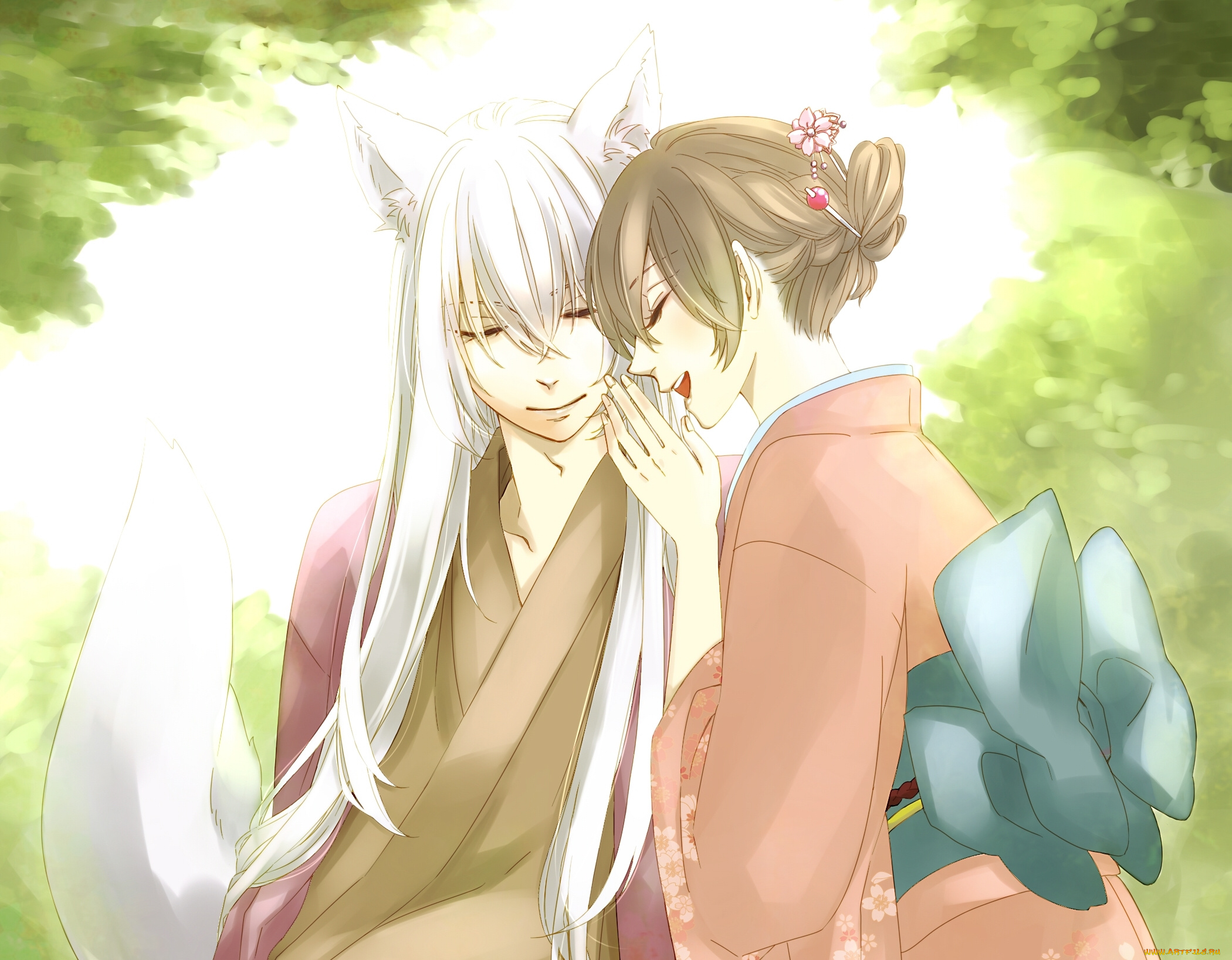аниме, kamisama, hajimemashita, tomoe, kamisama, hajimemashita, хвост, арт, he-zo, nanami, momozono, девушка, парень, ушки, кимоно