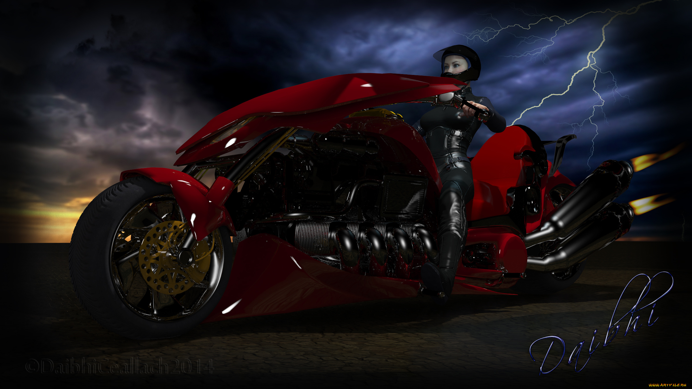 мотоциклы, 3d, фон, мотоцикл, взгляд, девушка