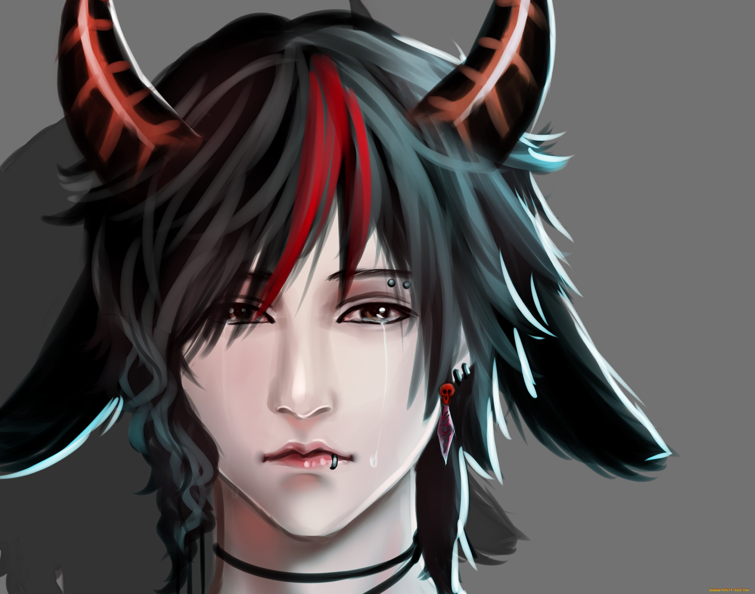 фэнтези, существа, демон, парень, фон, портрет, рога, арт