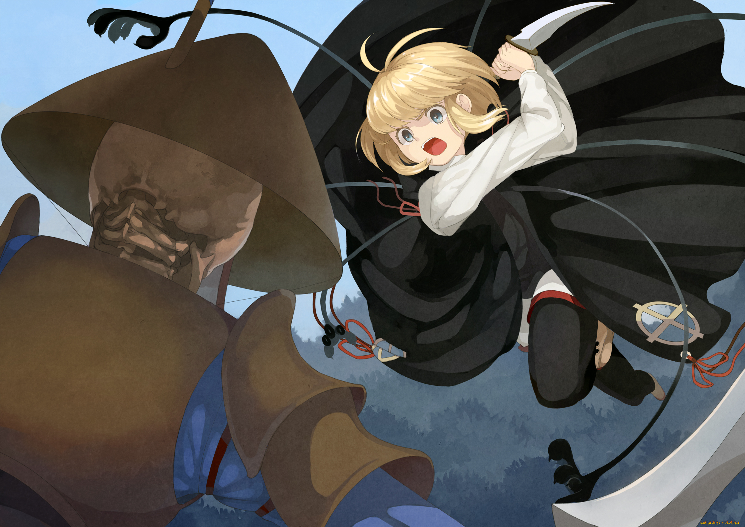 аниме, pixiv, fantasia, арт, pixiv, fantasia, плащ, крик, скелет, нож, девушка
