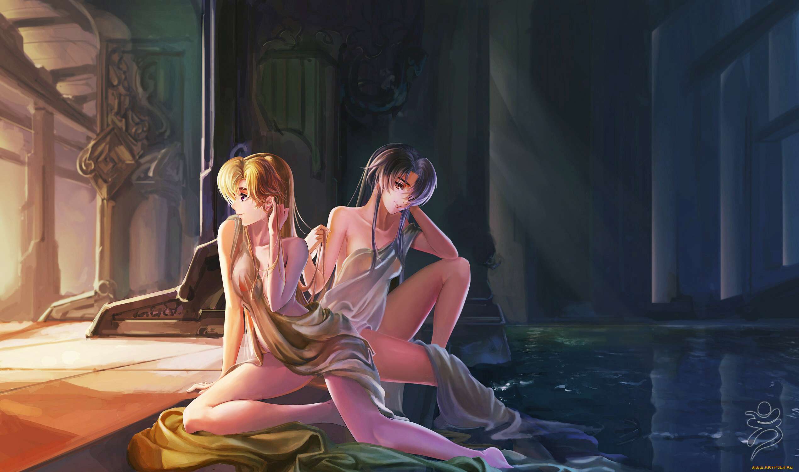 аниме, unknown, , другое, ushas, арт, девушки, бассейн