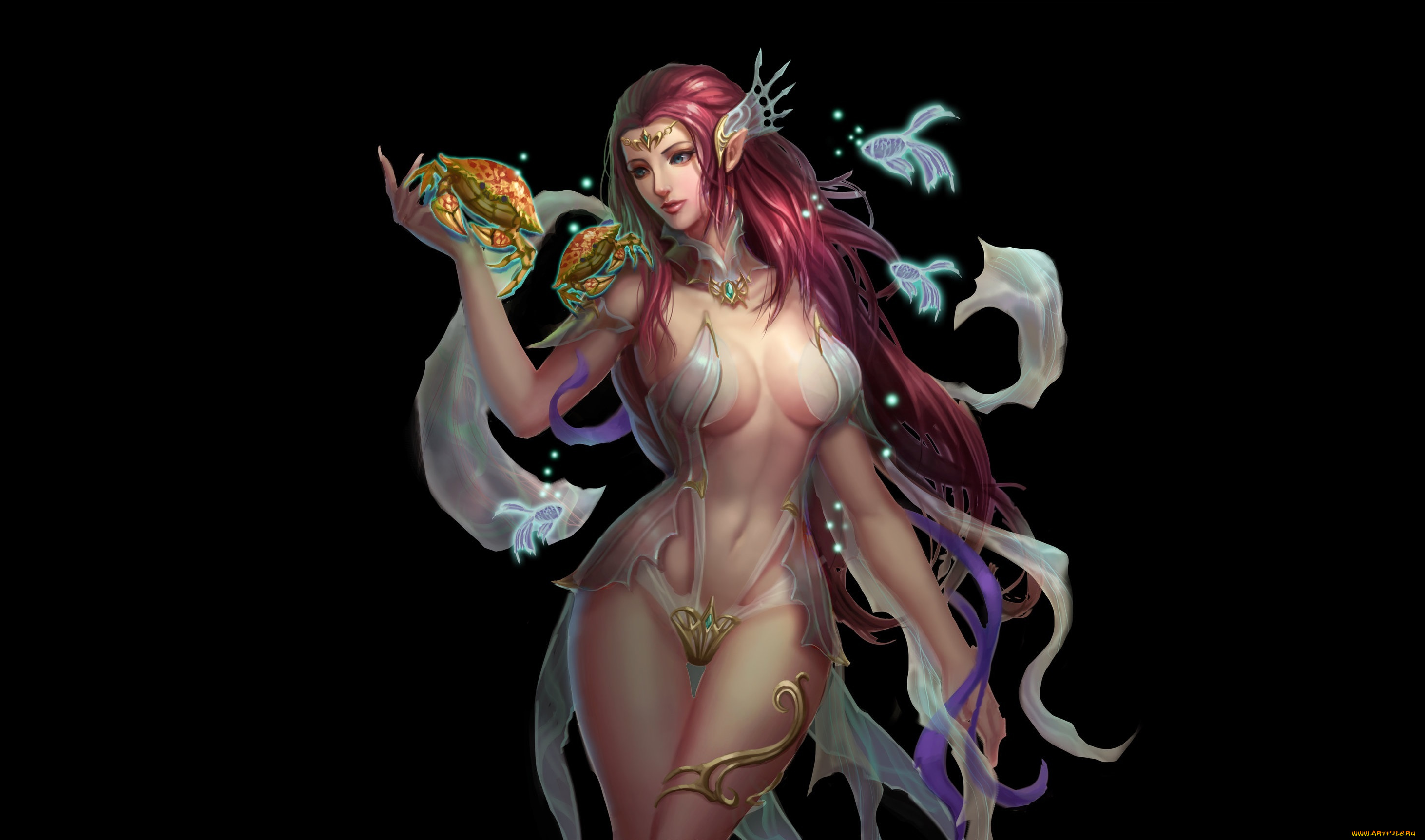 фэнтези, эльфы, эротика, арт, русалка, девушка, рыбки, краб, черный, фон