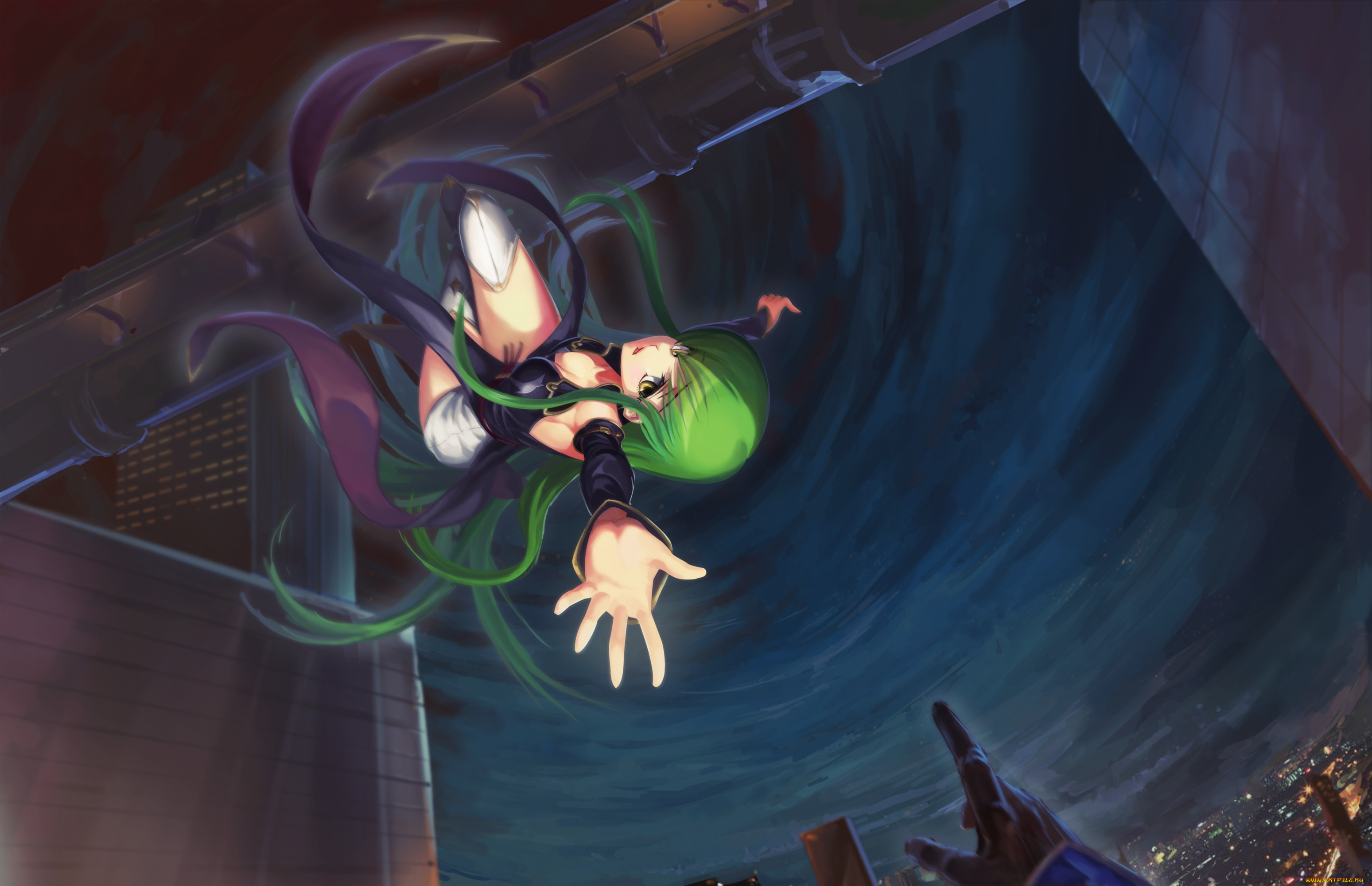 аниме, code, geass, город, небо, рука, cc, code, geass, девушка, lelouch, lamperouge, ushas, арт