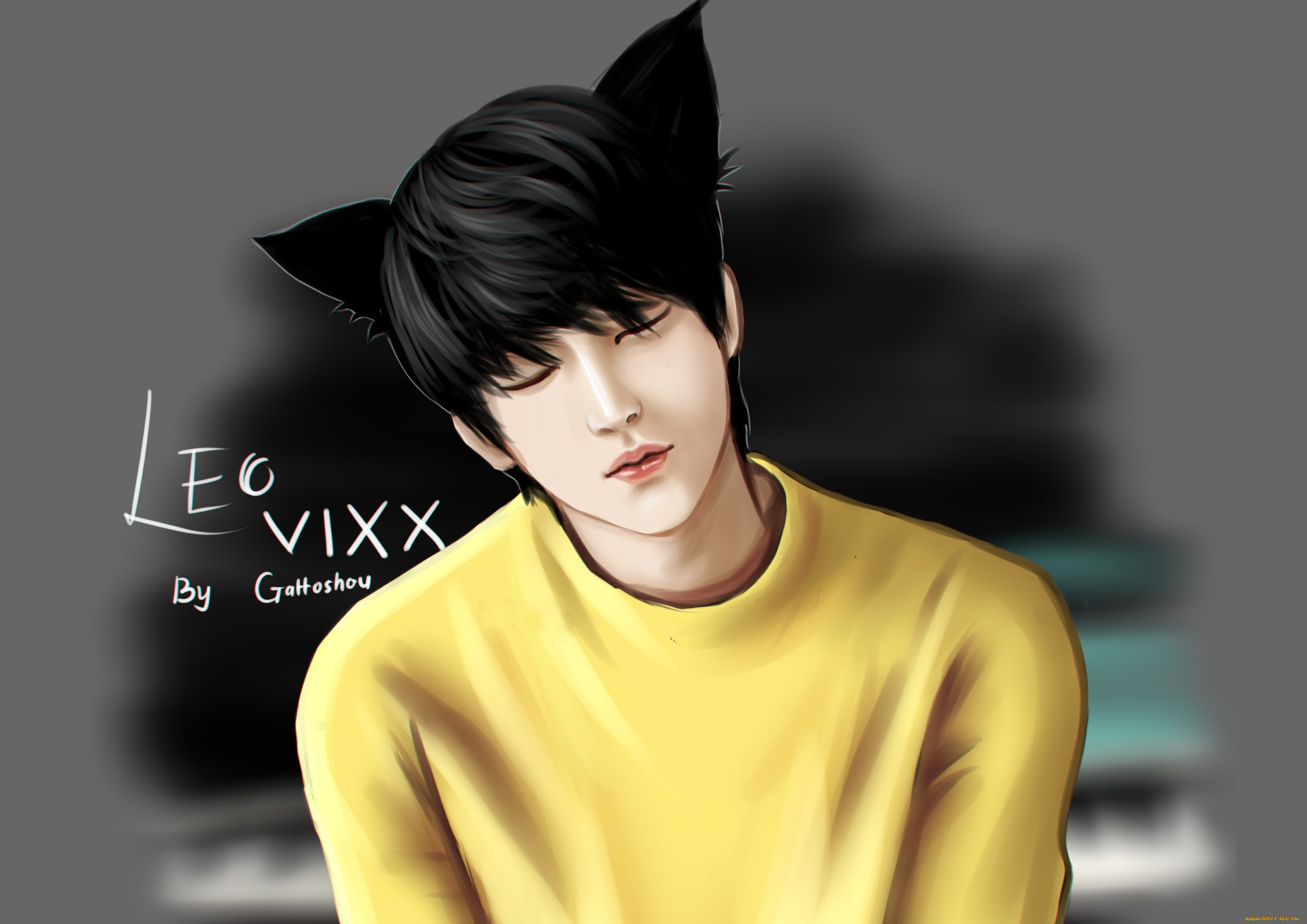 рисованное, люди, взгляд, азиат, парень, брюнет, ушки