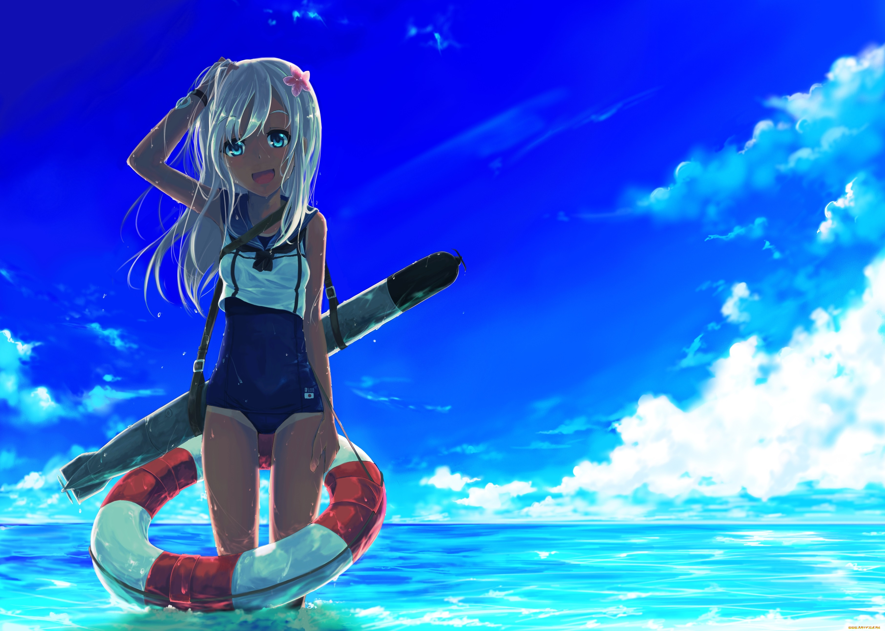 аниме, kantai, collection, kantai, collection, небо, море, цветок, круг, ракета, kancolle, ro-500, девочка