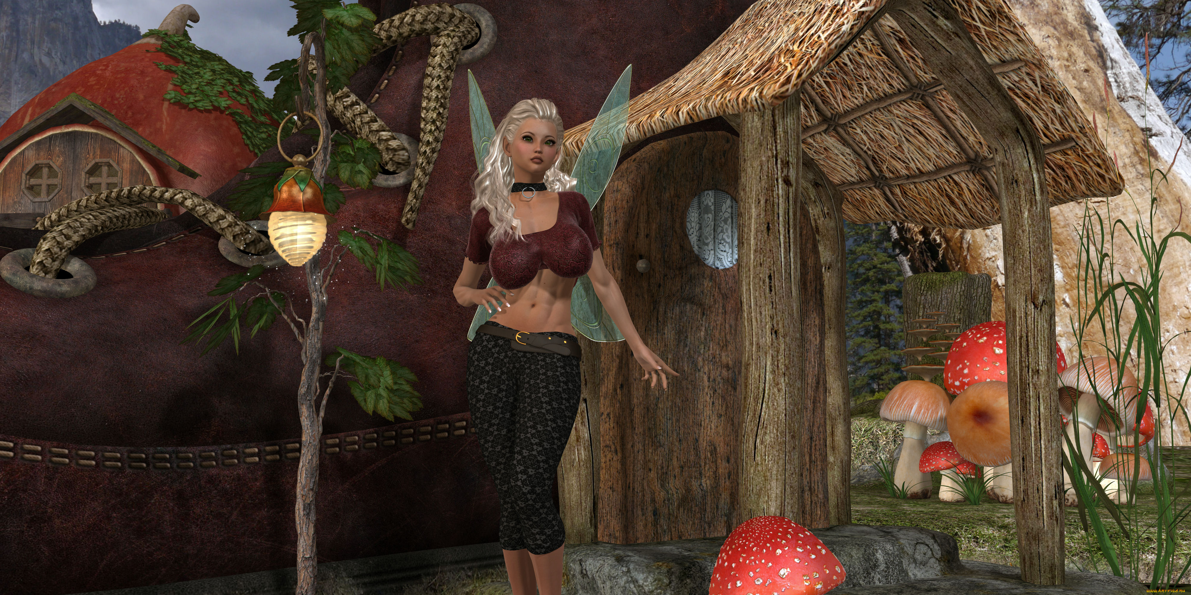 3д, графика, эльфы, , elves, фонарик, грибы, фон, взгляд, фея