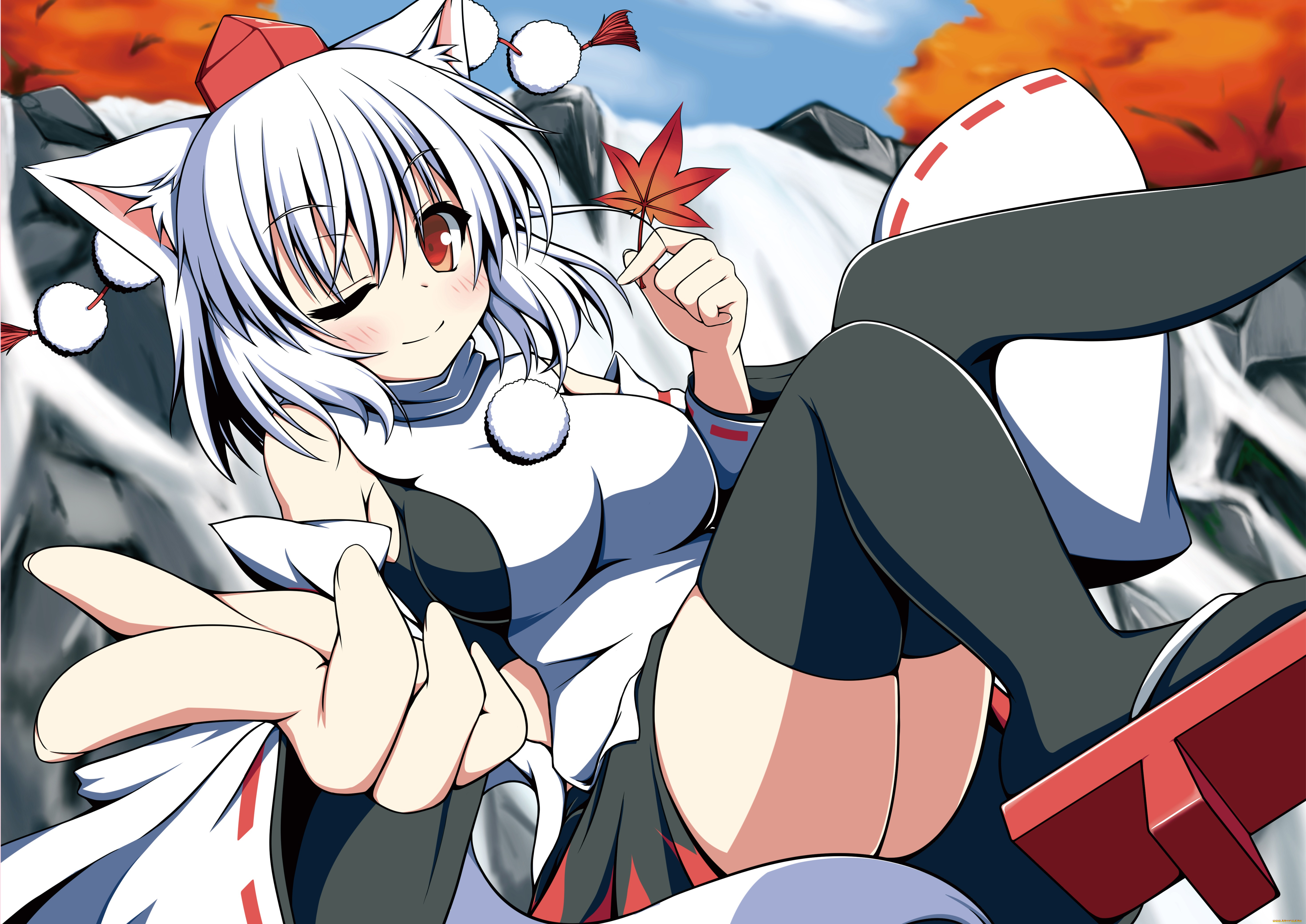 аниме, touhou, арт, inubashiri, momiji, осень, лист, девушка, жест