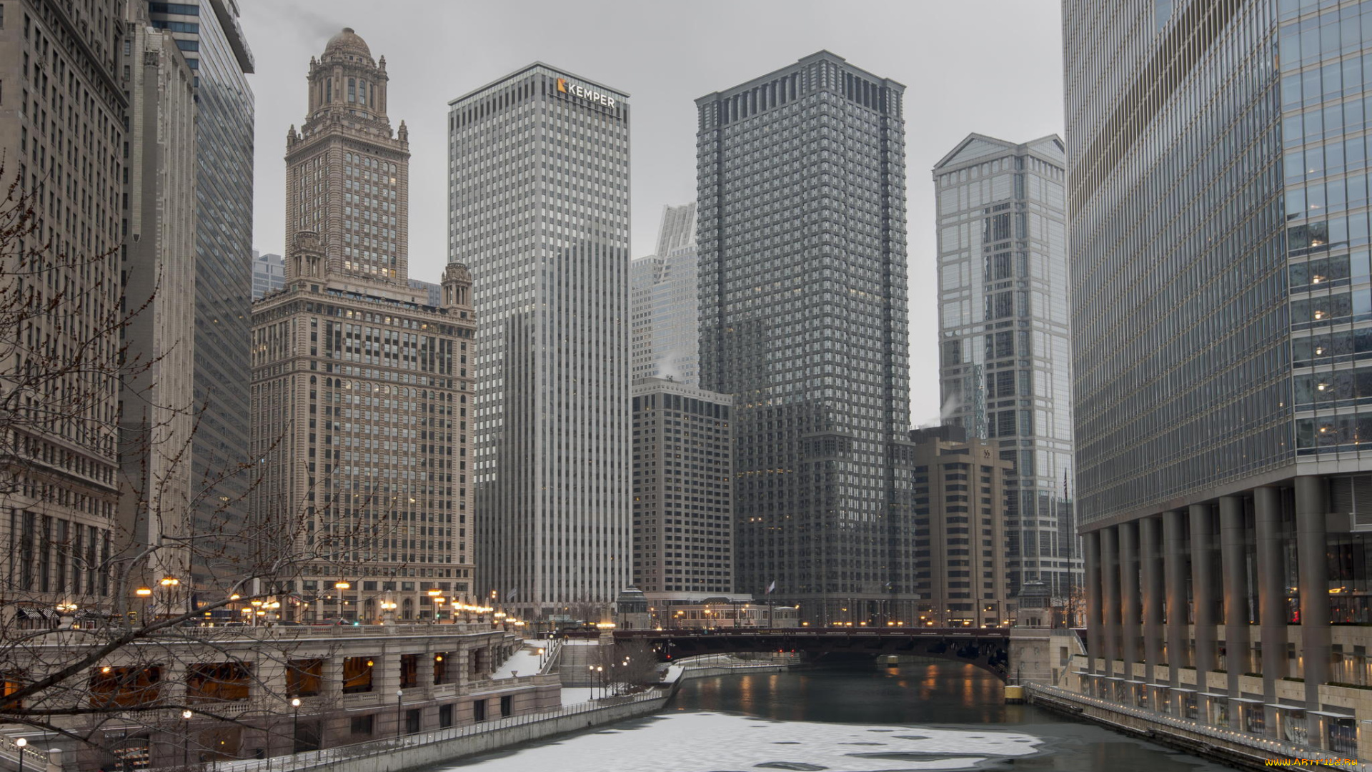 города, Чикаго, , сша, иллиноис, Чикаго, город, река, небоскребы, лед, зима