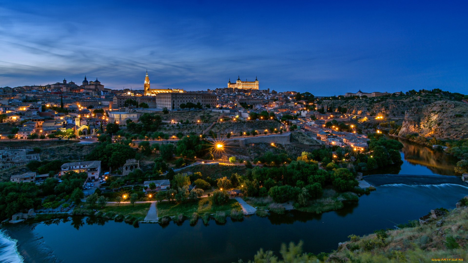 города, толедо, , испания, вечер, здания, архитектура, замок, город, толедо, река, панорама, toledo, spain