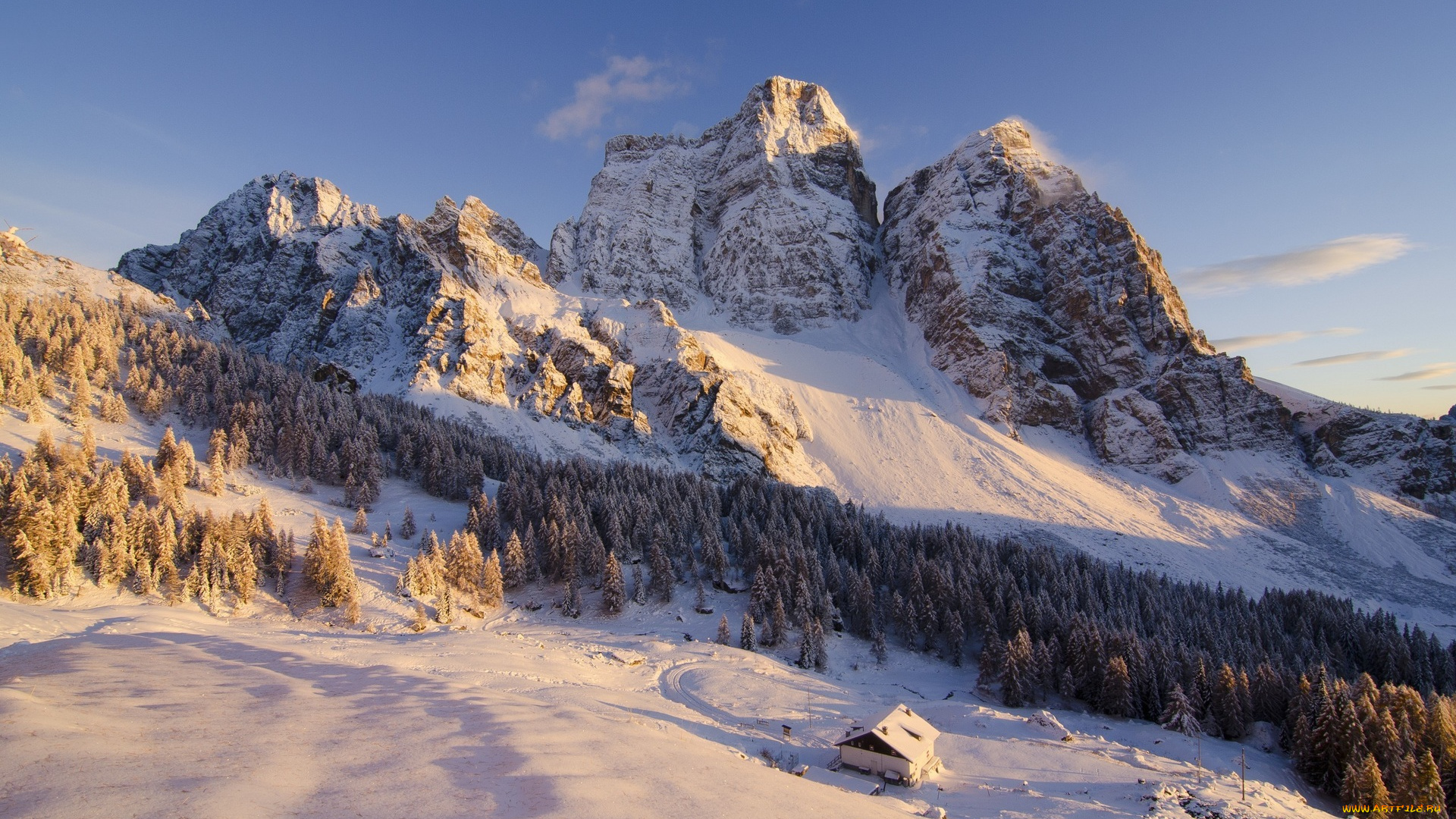 природа, горы, деревья, зима, скалы, снег, дом