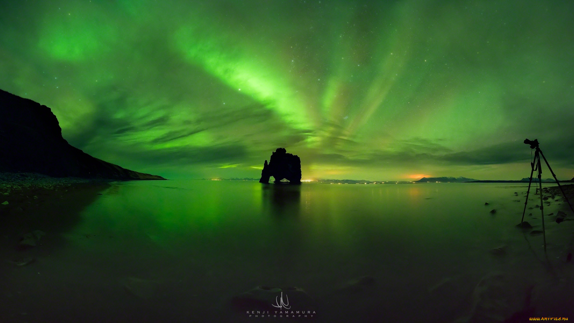 природа, северное, сияние, утёс, море, северное, сияние