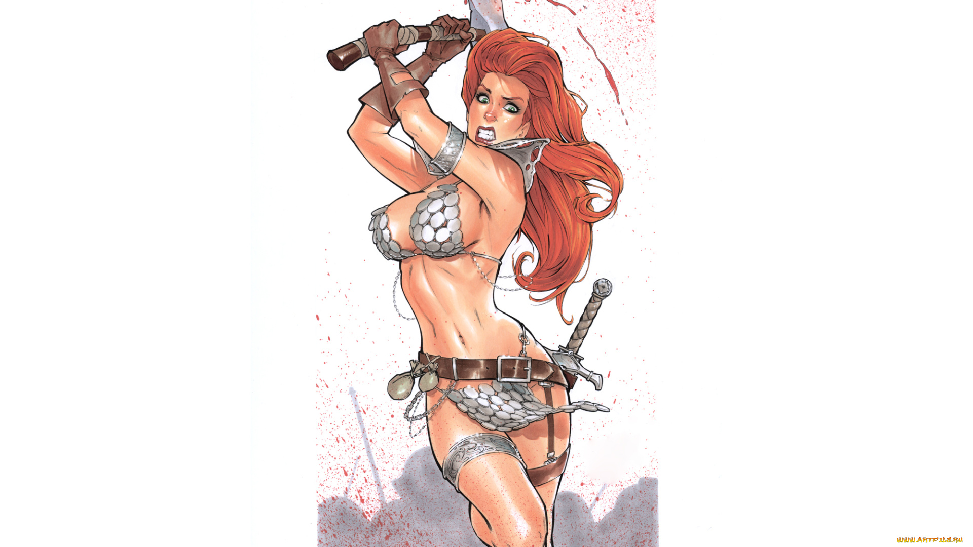 рисованное, комиксы, фон, меч, девушка, кольчуга, топор, взгляд