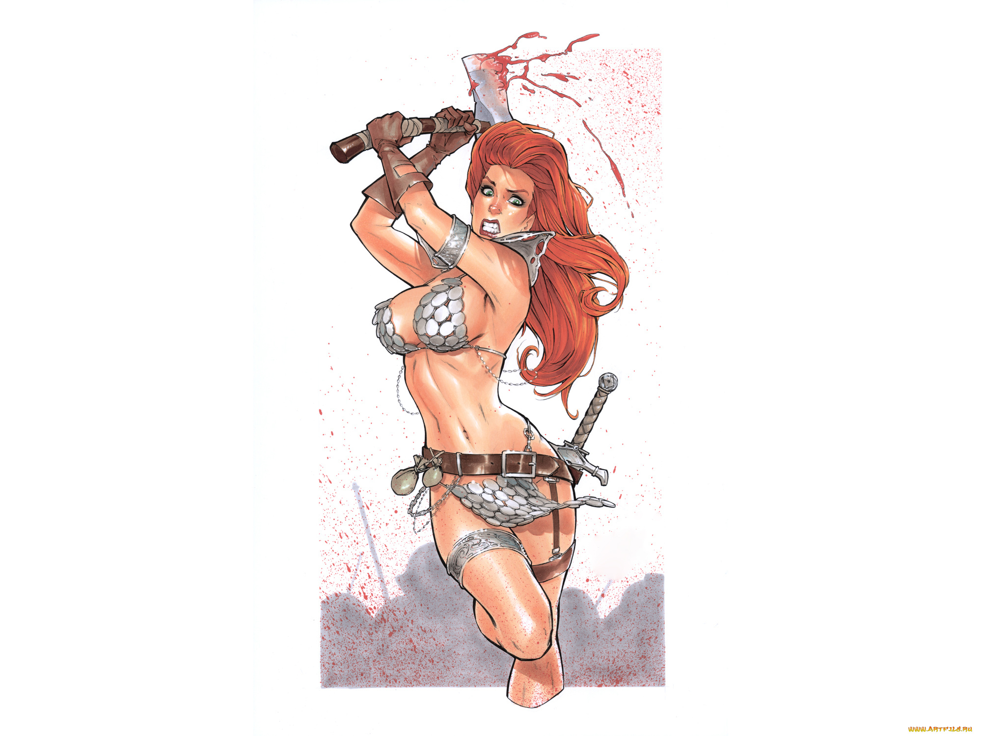 рисованное, комиксы, фон, меч, девушка, кольчуга, топор, взгляд